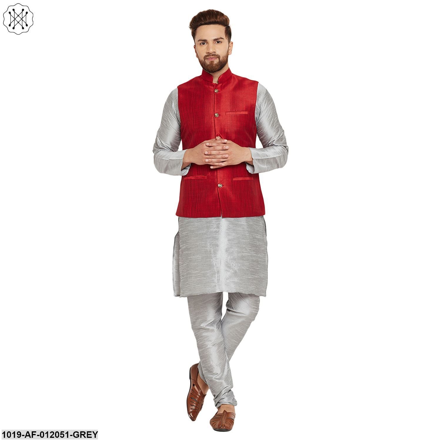 Men's Dupion Silk Kurta Pyjama And Nehru Jacket Set