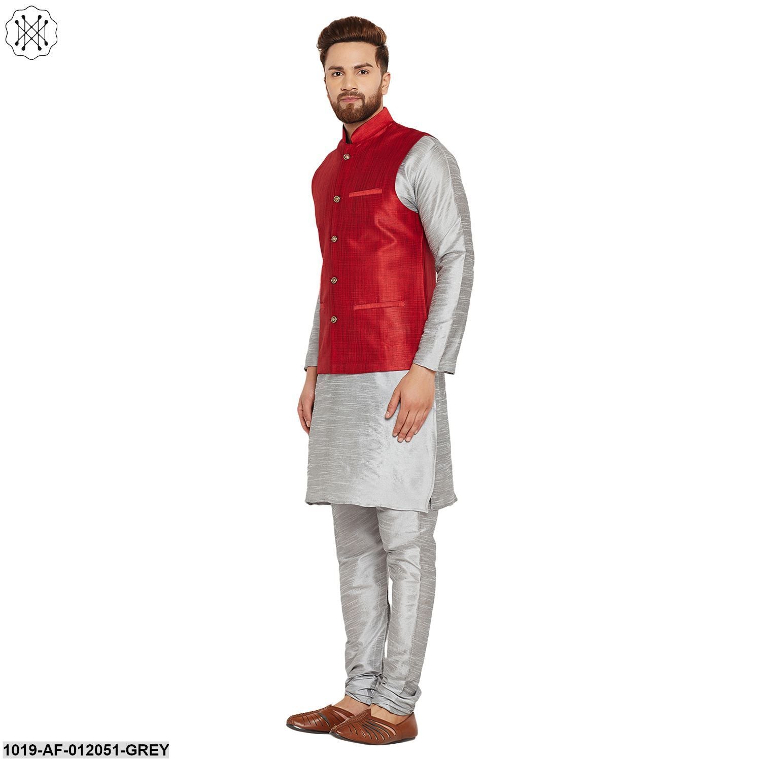Men's Dupion Silk Kurta Pyjama And Nehru Jacket Set