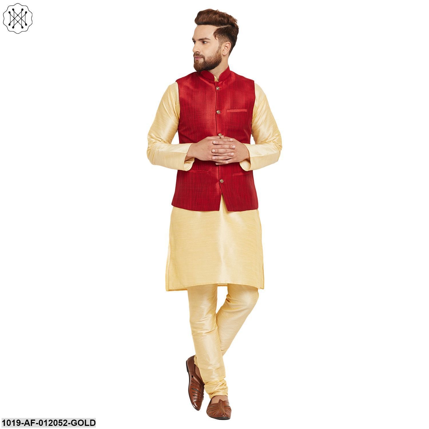 Men's Dupion Silk Kurta Pyjama And Nehru Jacket Set