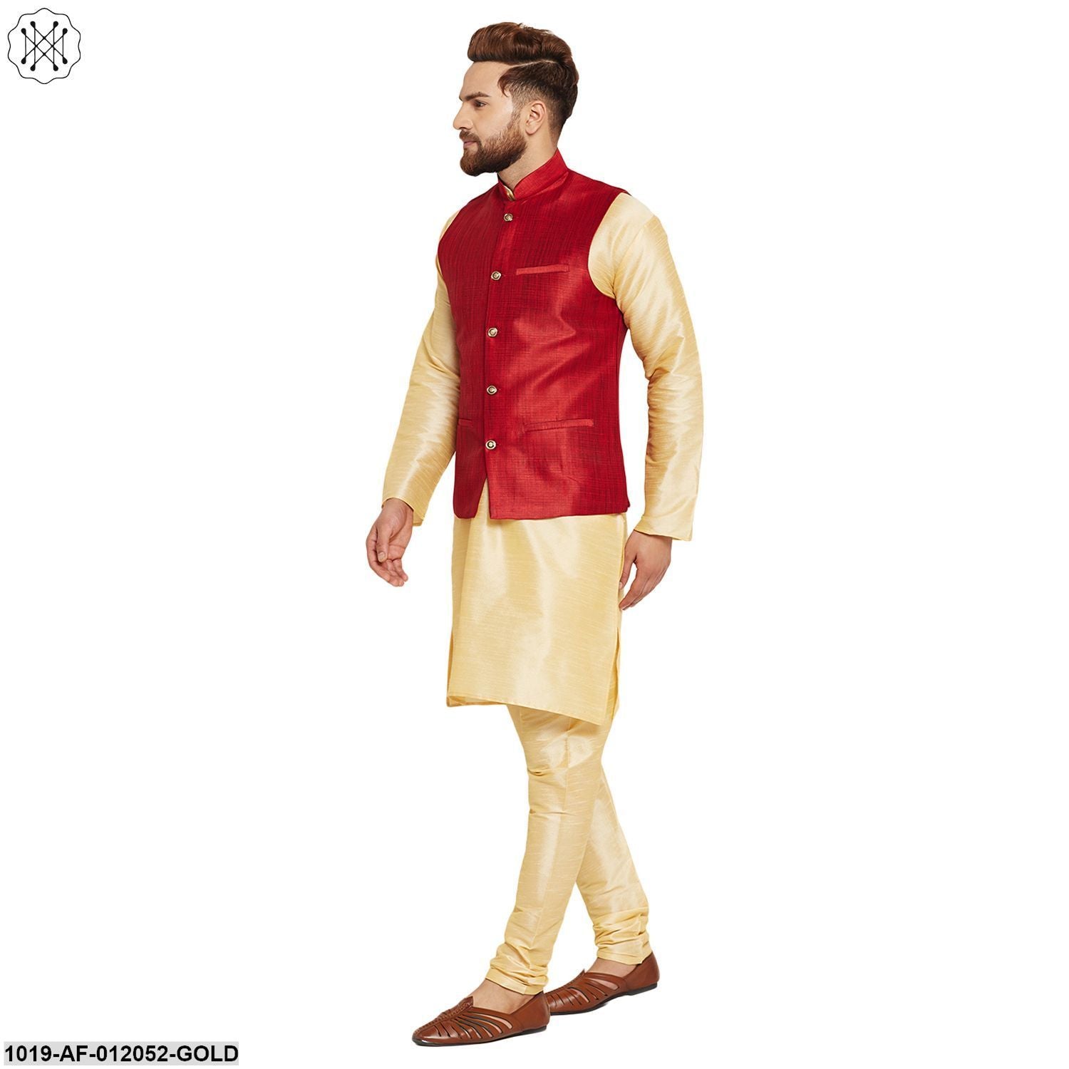 Men's Dupion Silk Kurta Pyjama And Nehru Jacket Set