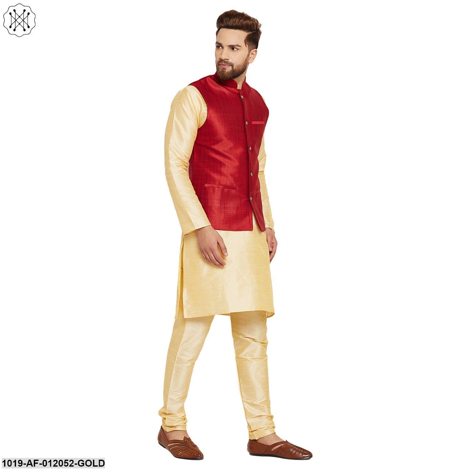 Men's Dupion Silk Kurta Pyjama And Nehru Jacket Set