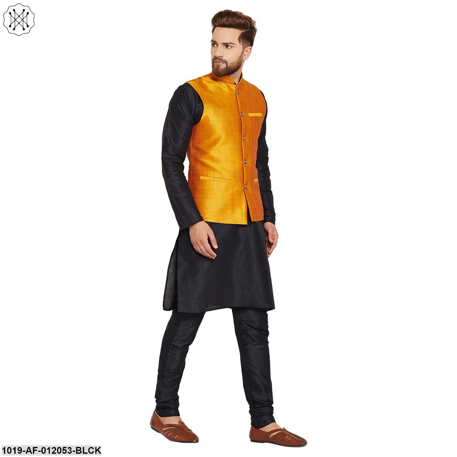 Men's Dupion Silk Kurta Pyjama And Nehru Jacket Set