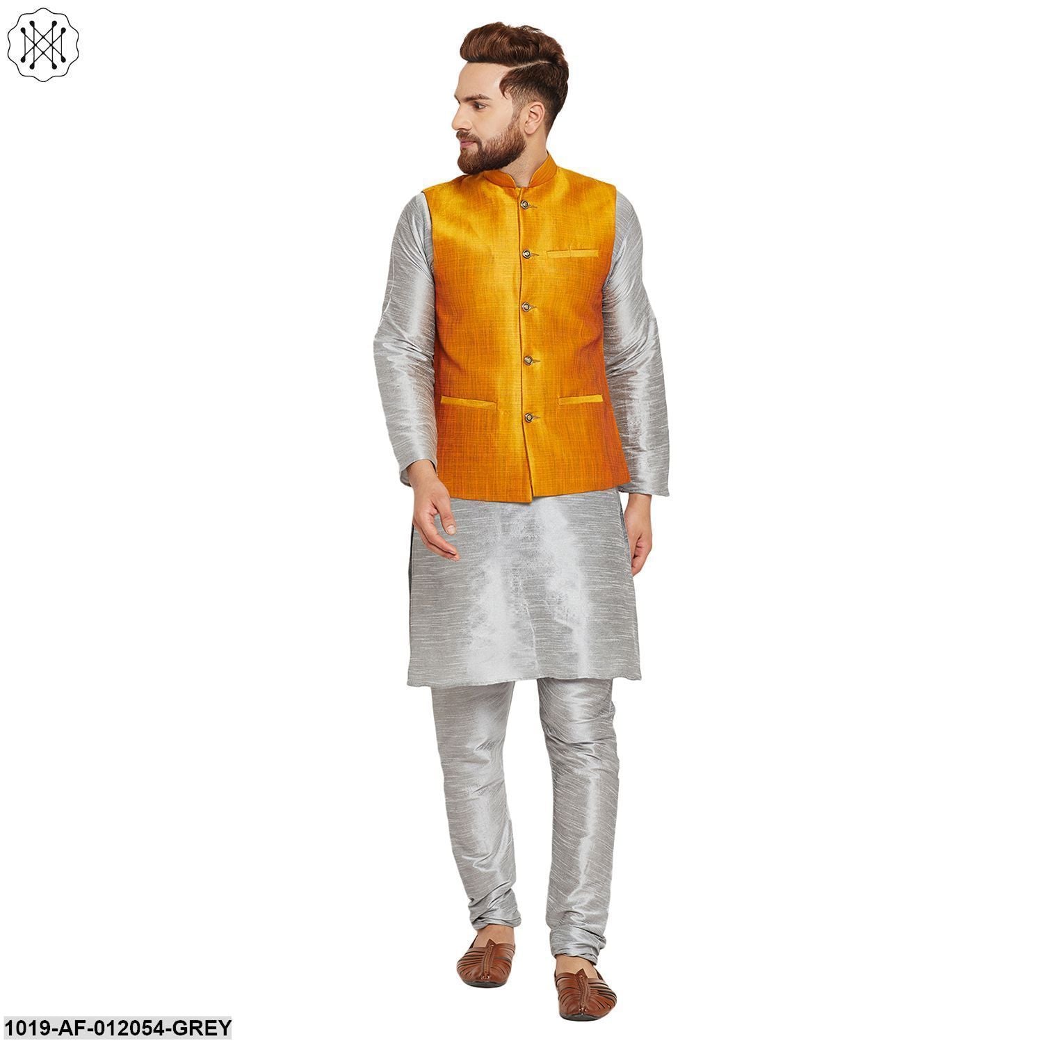 Men's Dupion Silk Kurta Pyjama And Nehru Jacket Set