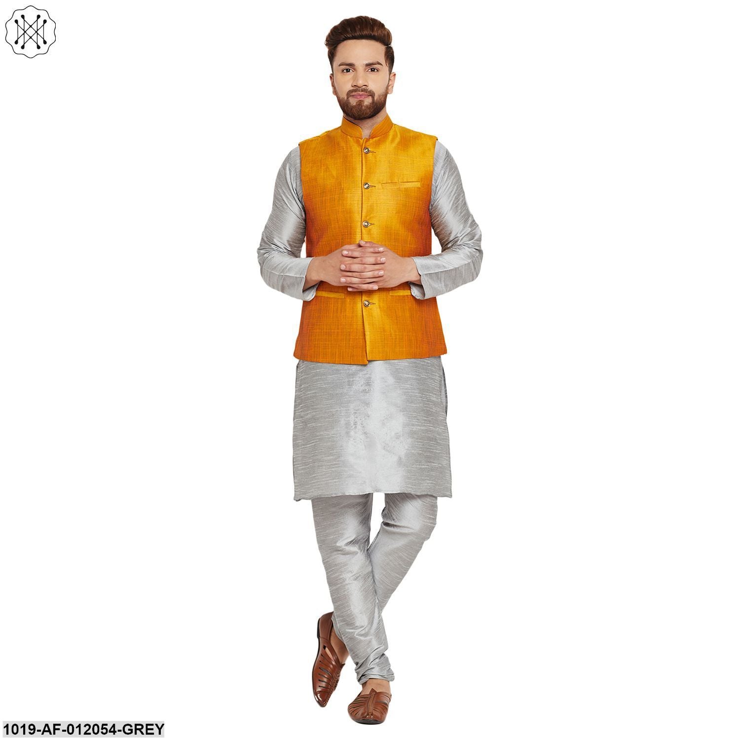 Men's Dupion Silk Kurta Pyjama And Nehru Jacket Set