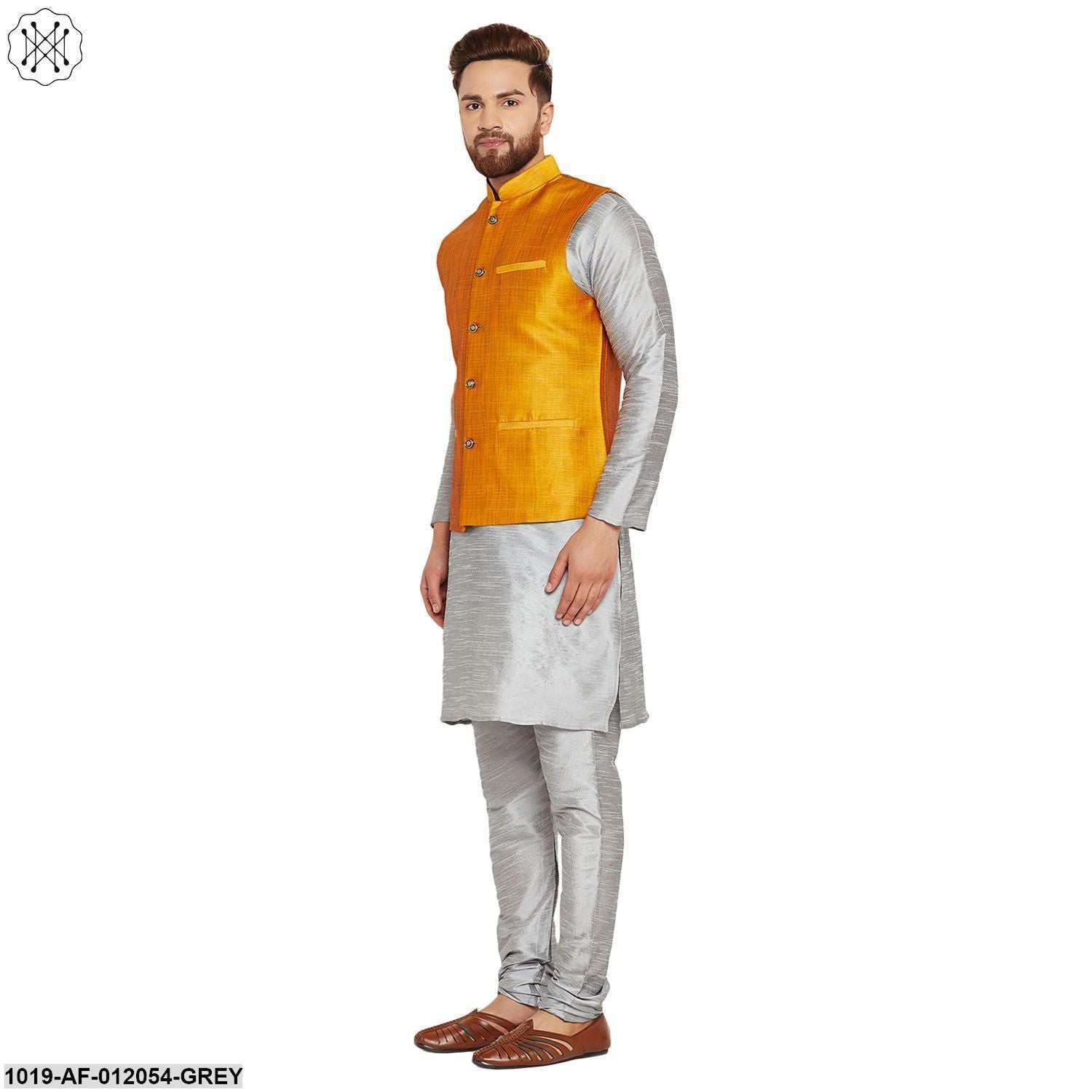 Men's Dupion Silk Kurta Pyjama And Nehru Jacket Set
