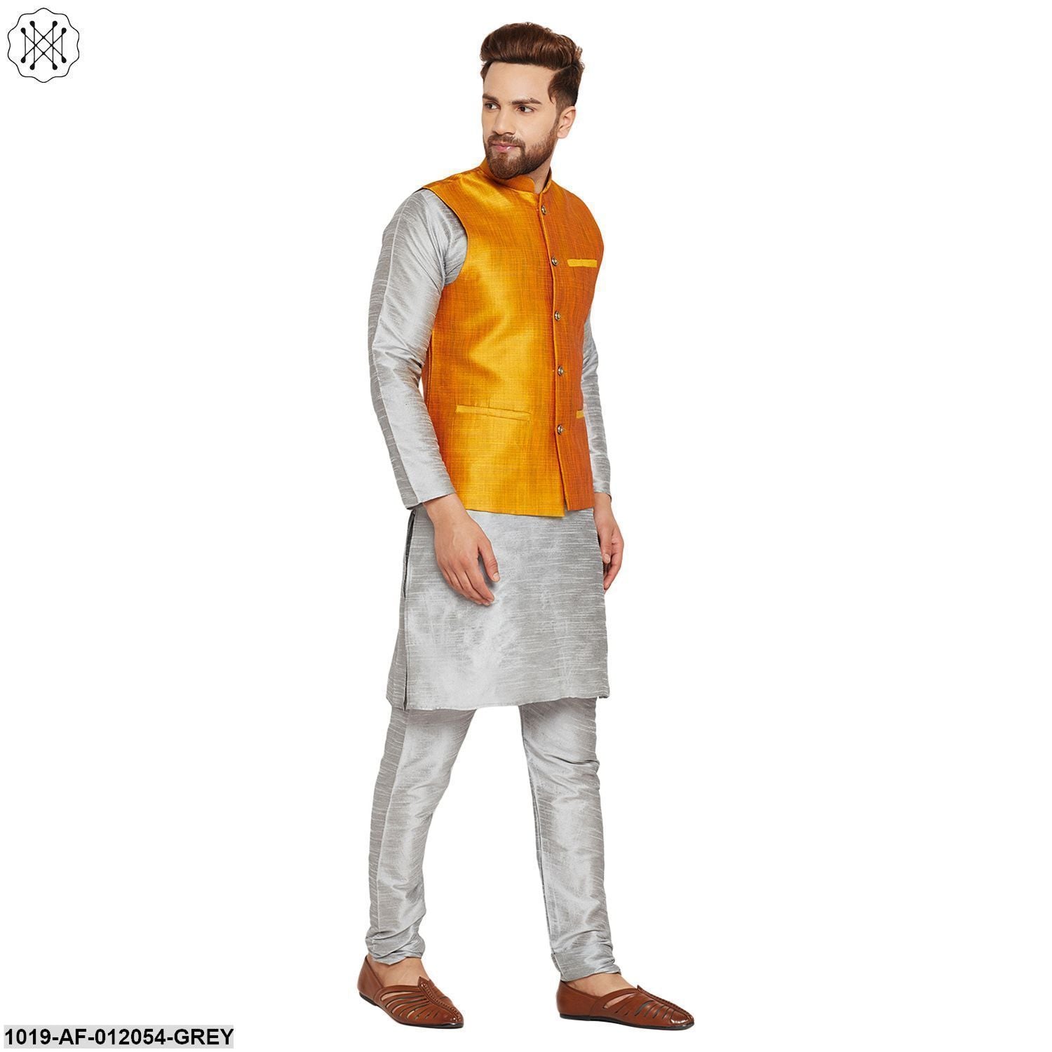 Men's Dupion Silk Kurta Pyjama And Nehru Jacket Set