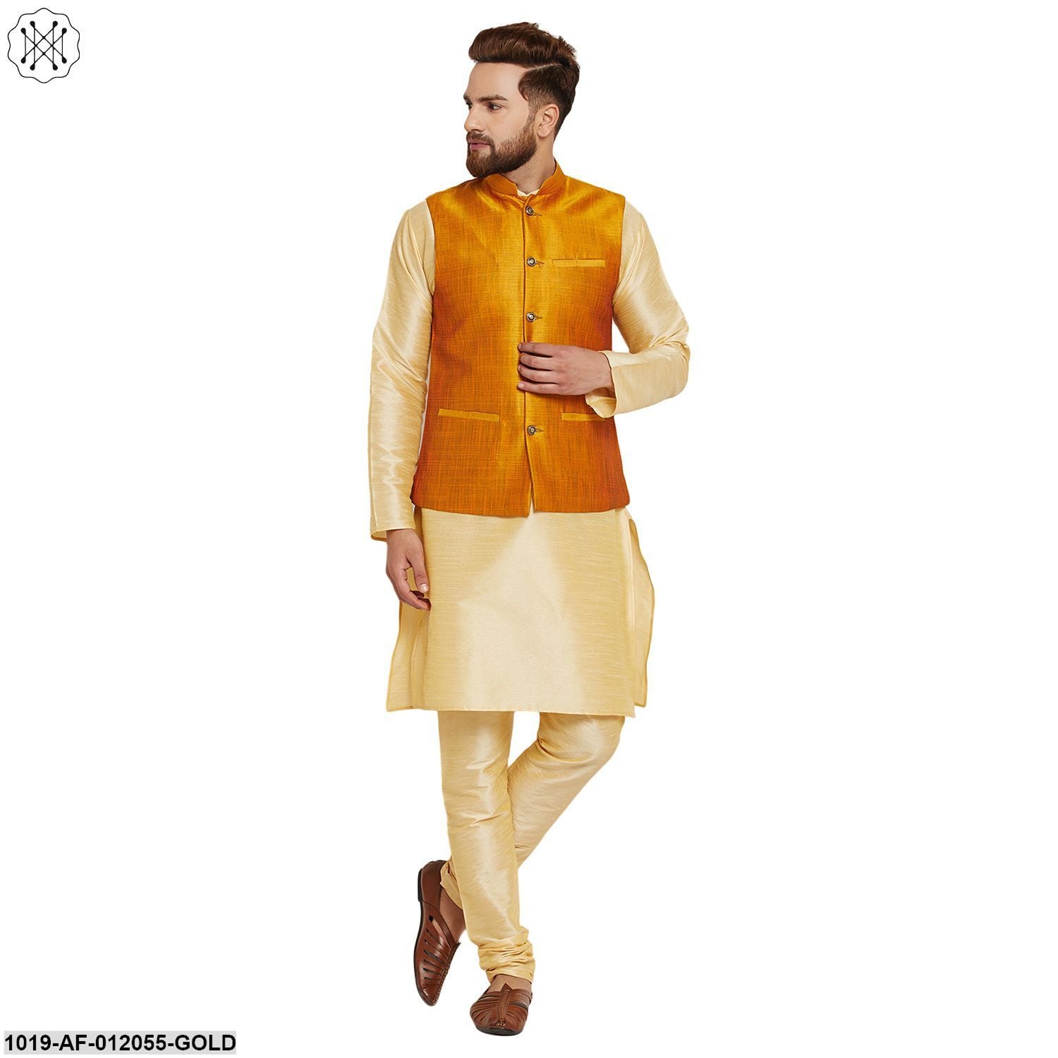 Men's Dupion Silk Kurta Pyjama And Nehru Jacket Set