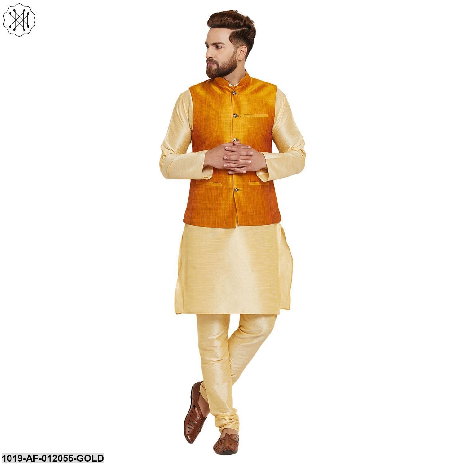 Men's Dupion Silk Kurta Pyjama And Nehru Jacket Set