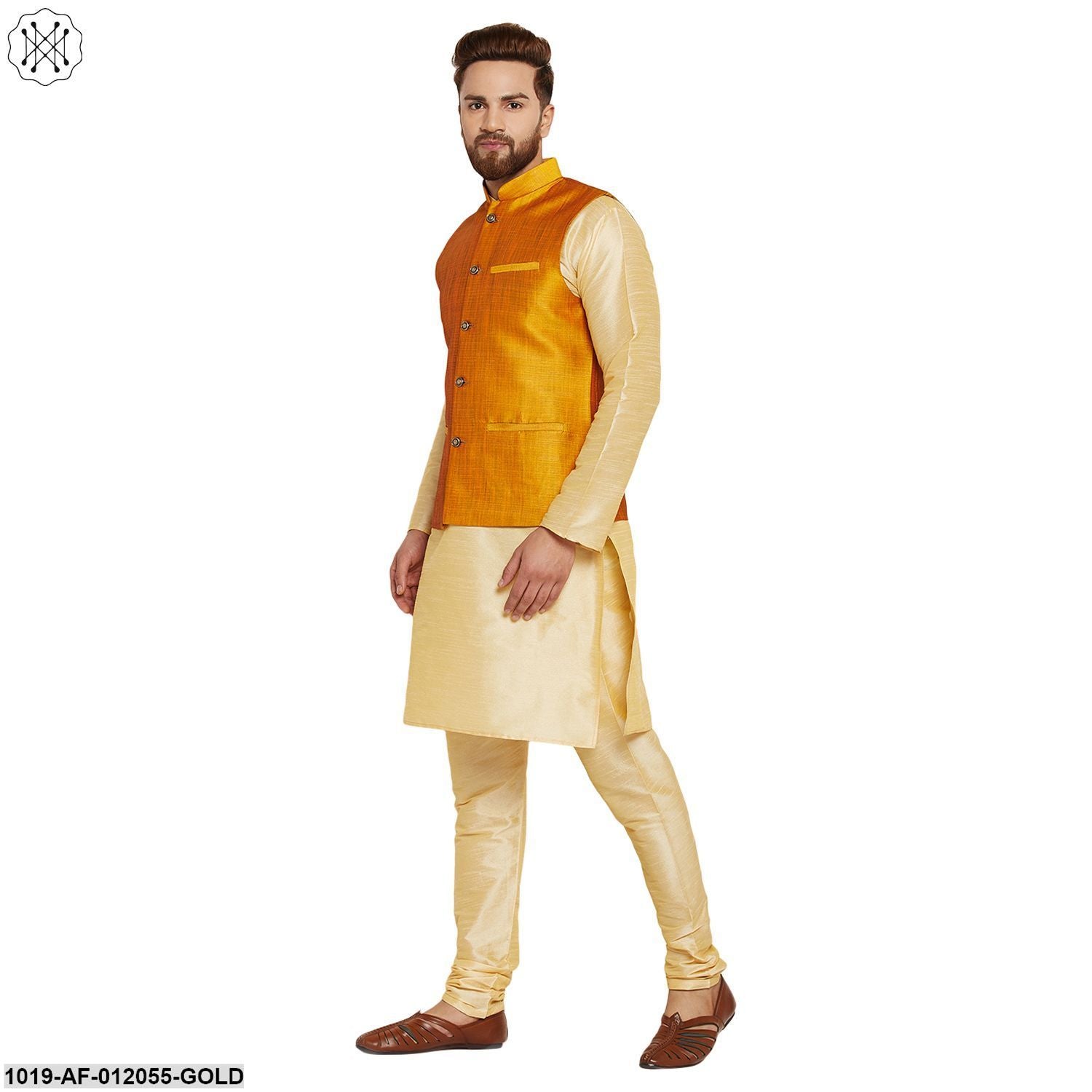 Men's Dupion Silk Kurta Pyjama And Nehru Jacket Set