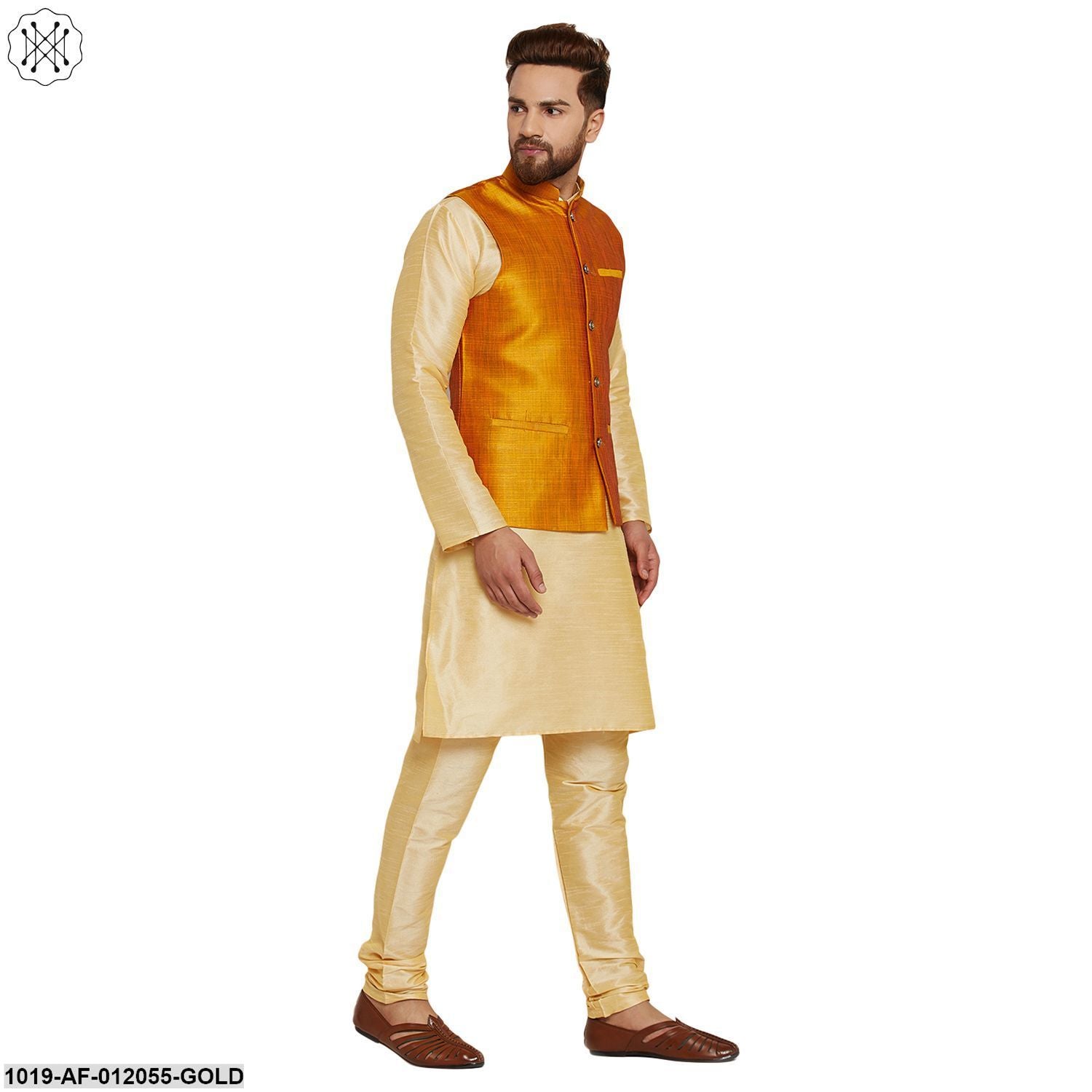 Men's Dupion Silk Kurta Pyjama And Nehru Jacket Set