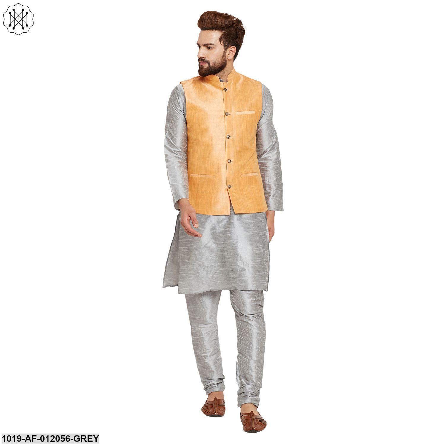 Men's Dupion Silk Kurta Pyjama And Nehru Jacket Set