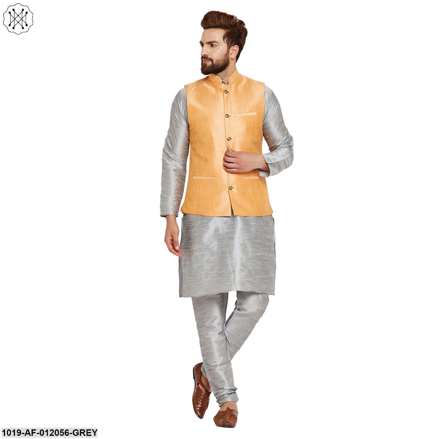 Men's Dupion Silk Kurta Pyjama And Nehru Jacket Set