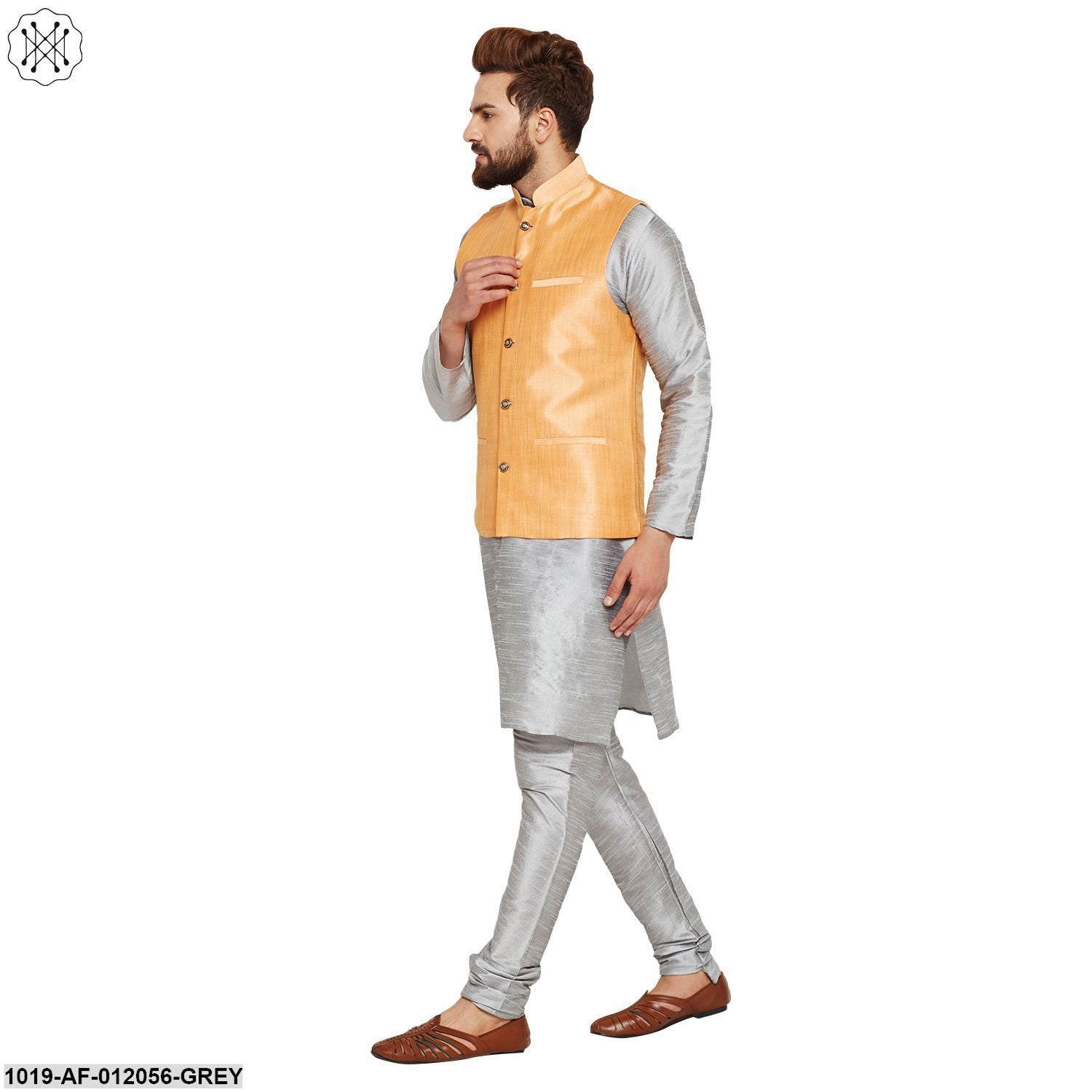 Men's Dupion Silk Kurta Pyjama And Nehru Jacket Set
