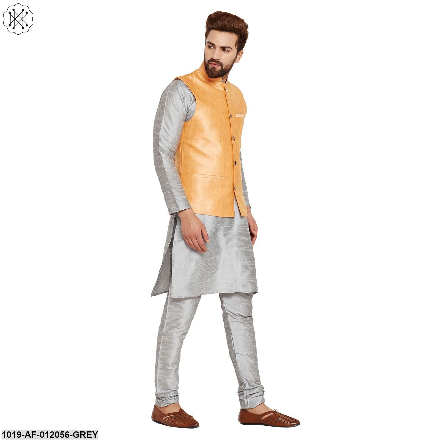 Men's Dupion Silk Kurta Pyjama And Nehru Jacket Set