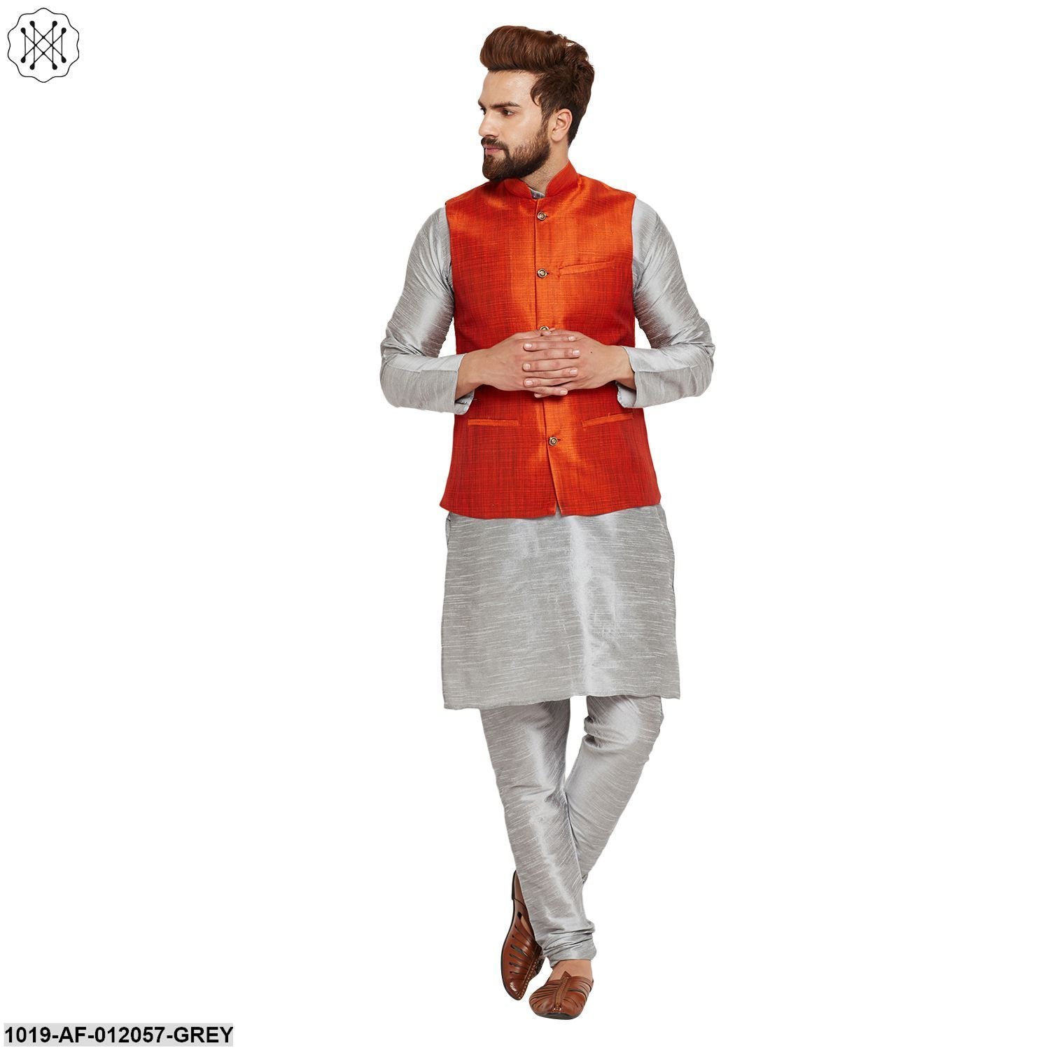 Men's Dupion Silk Kurta Pyjama And Nehru Jacket Set