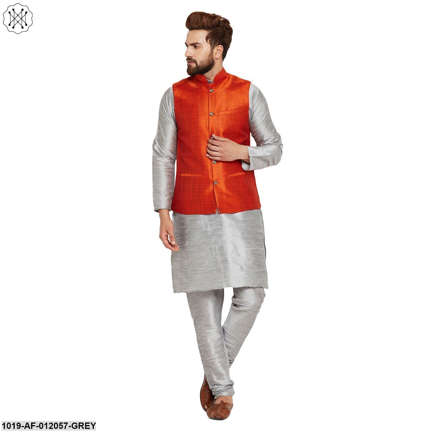 Men's Dupion Silk Kurta Pyjama And Nehru Jacket Set