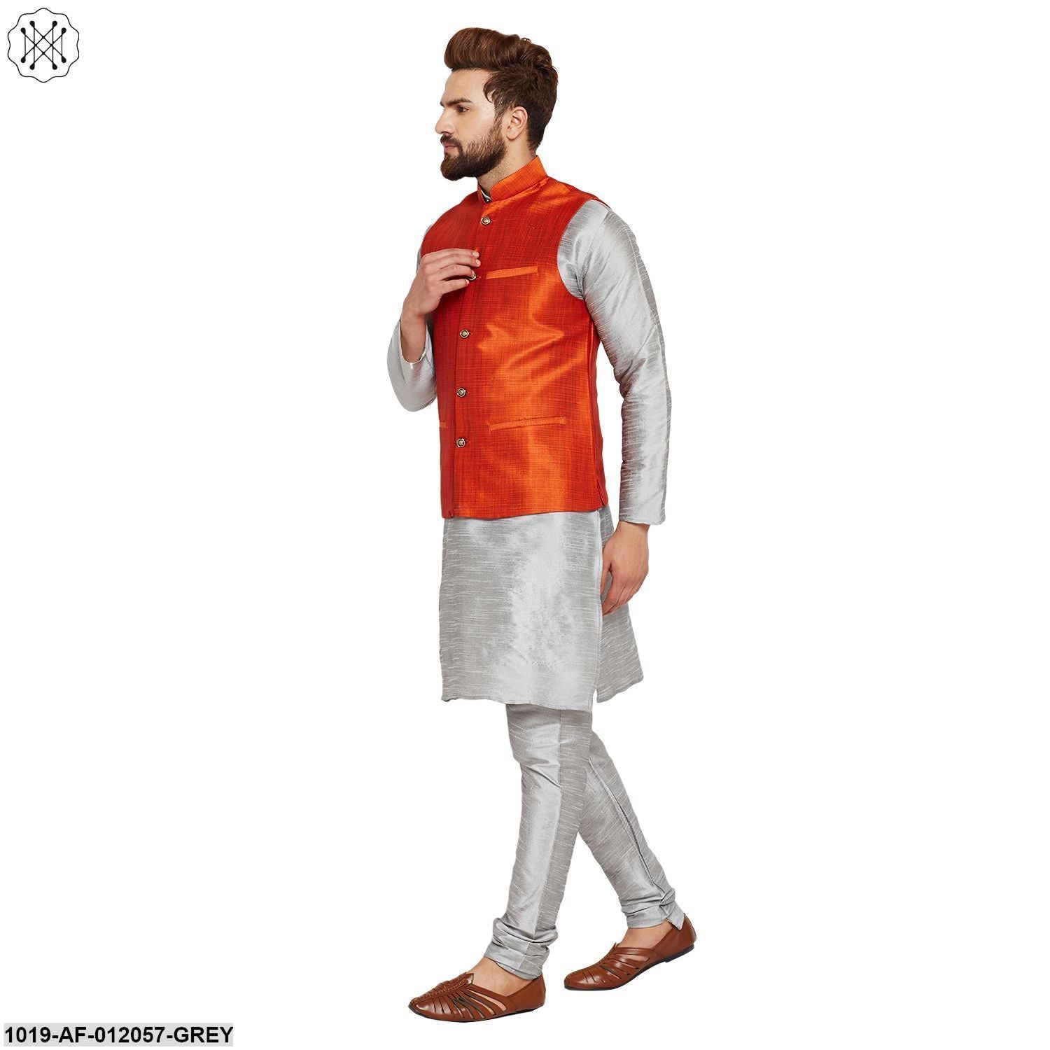 Men's Dupion Silk Kurta Pyjama And Nehru Jacket Set