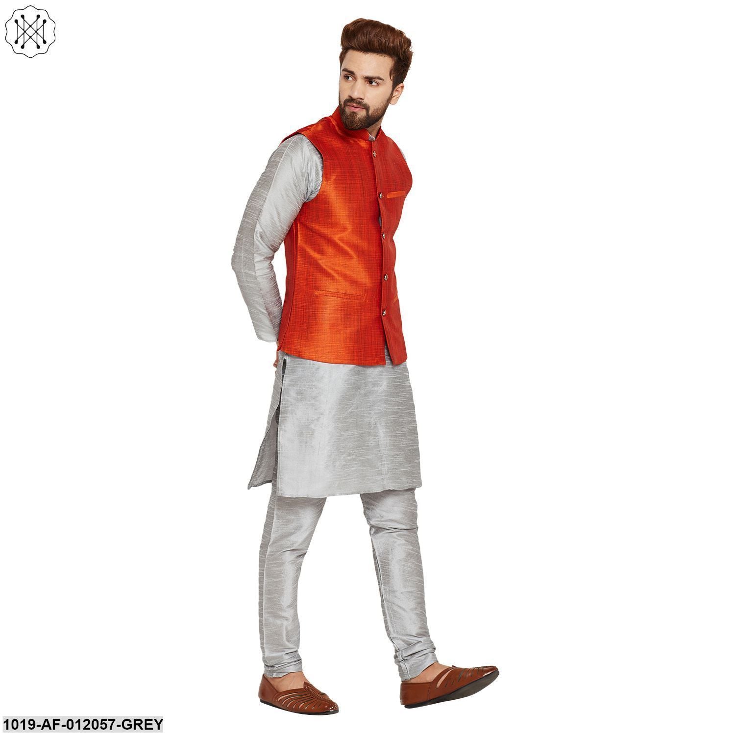 Men's Dupion Silk Kurta Pyjama And Nehru Jacket Set