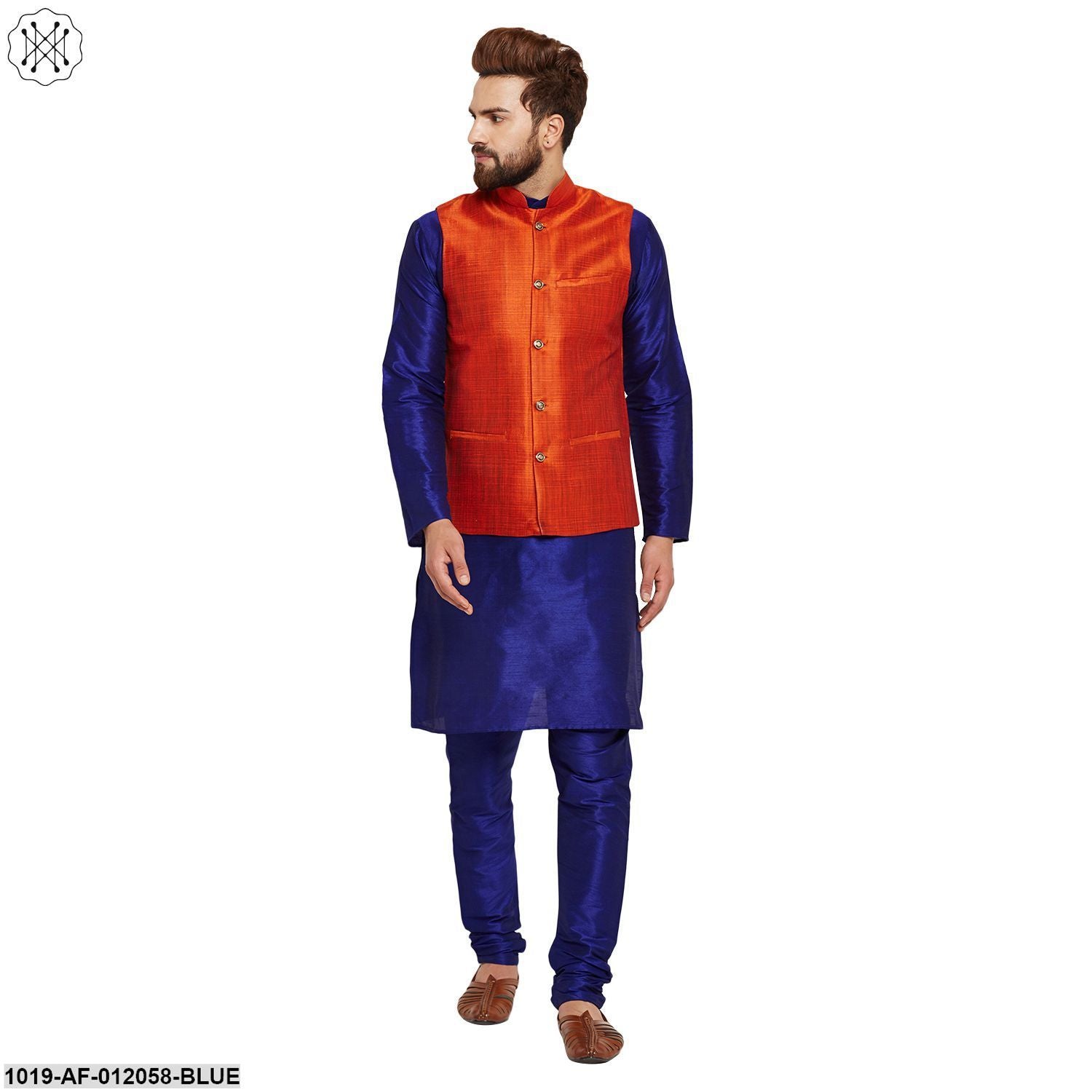 Men's Dupion Silk Kurta Pyjama And Nehru Jacket Set