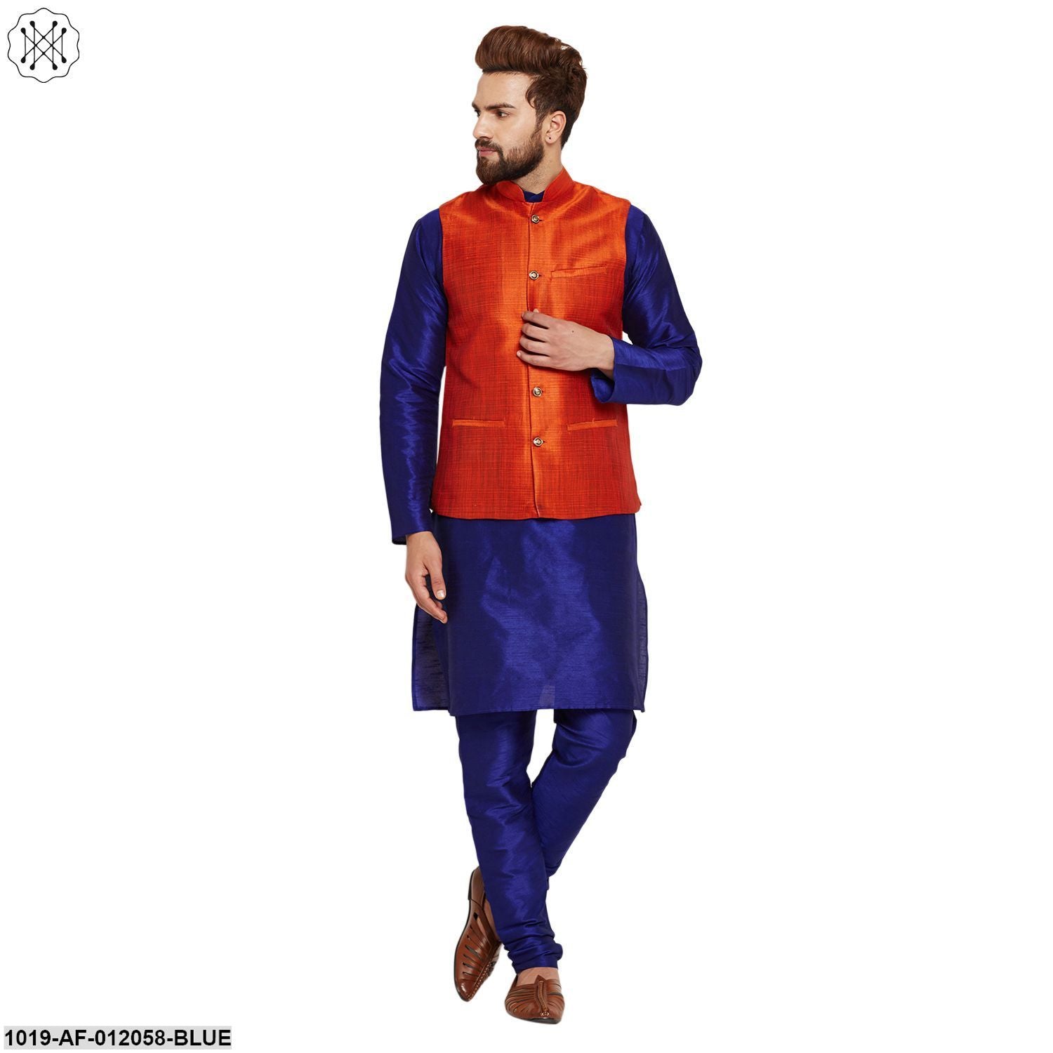 Men's Dupion Silk Kurta Pyjama And Nehru Jacket Set
