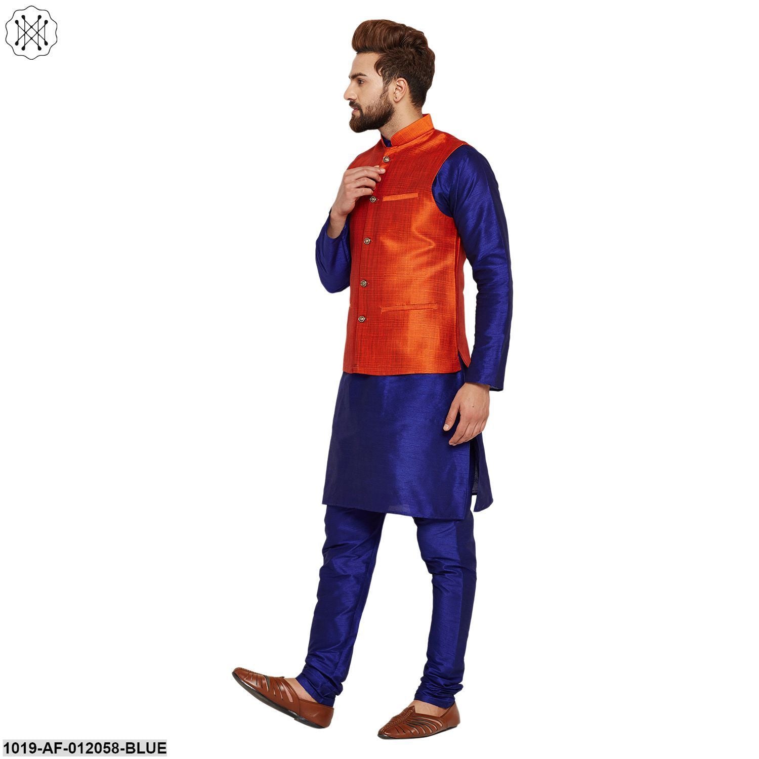 Men's Dupion Silk Kurta Pyjama And Nehru Jacket Set
