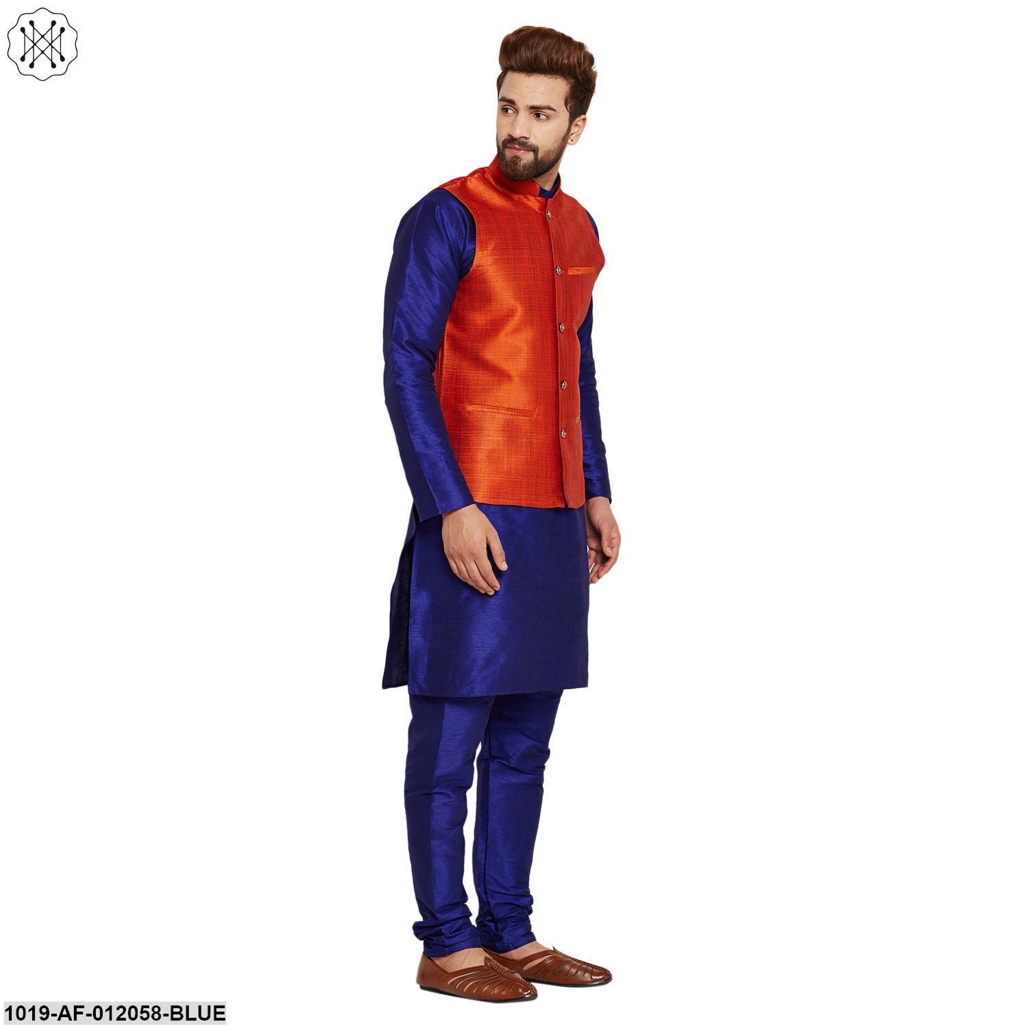 Men's Dupion Silk Kurta Pyjama And Nehru Jacket Set