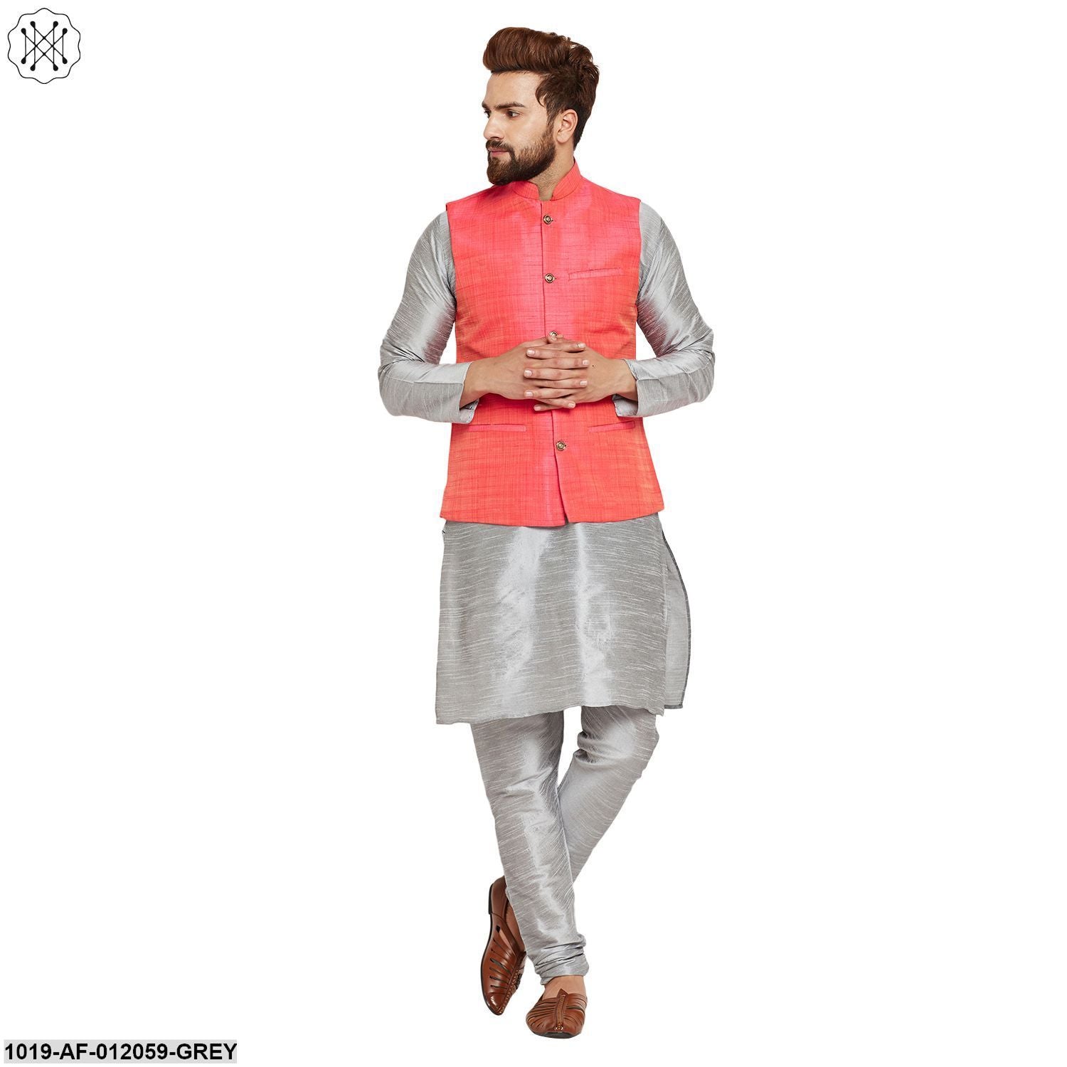 Men's Dupion Silk Kurta Pyjama And Nehru Jacket Set