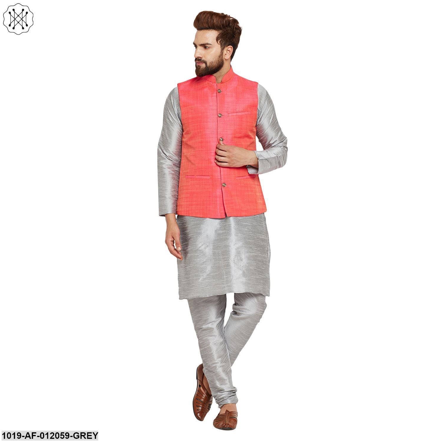 Men's Dupion Silk Kurta Pyjama And Nehru Jacket Set
