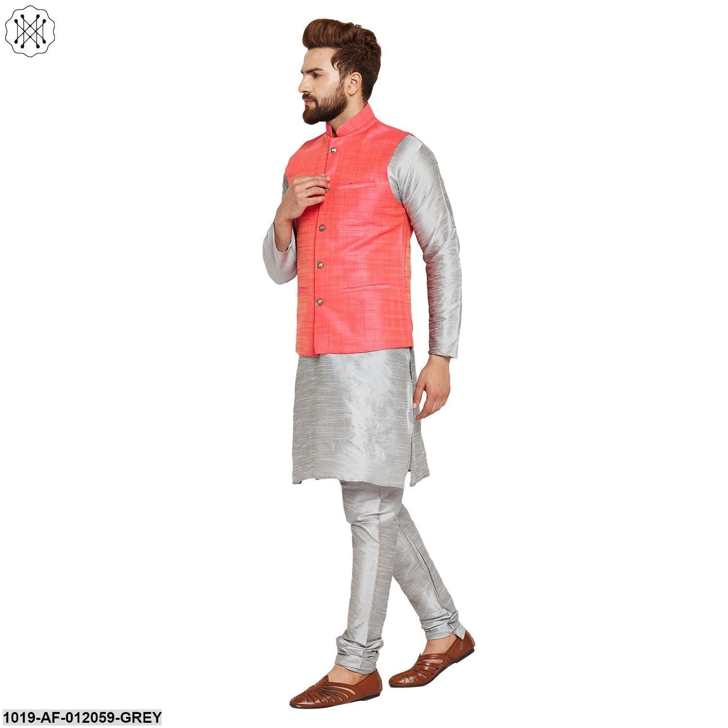 Men's Dupion Silk Kurta Pyjama And Nehru Jacket Set