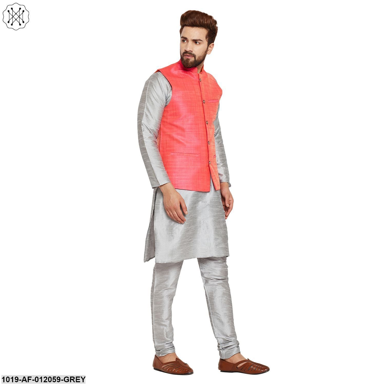 Men's Dupion Silk Kurta Pyjama And Nehru Jacket Set