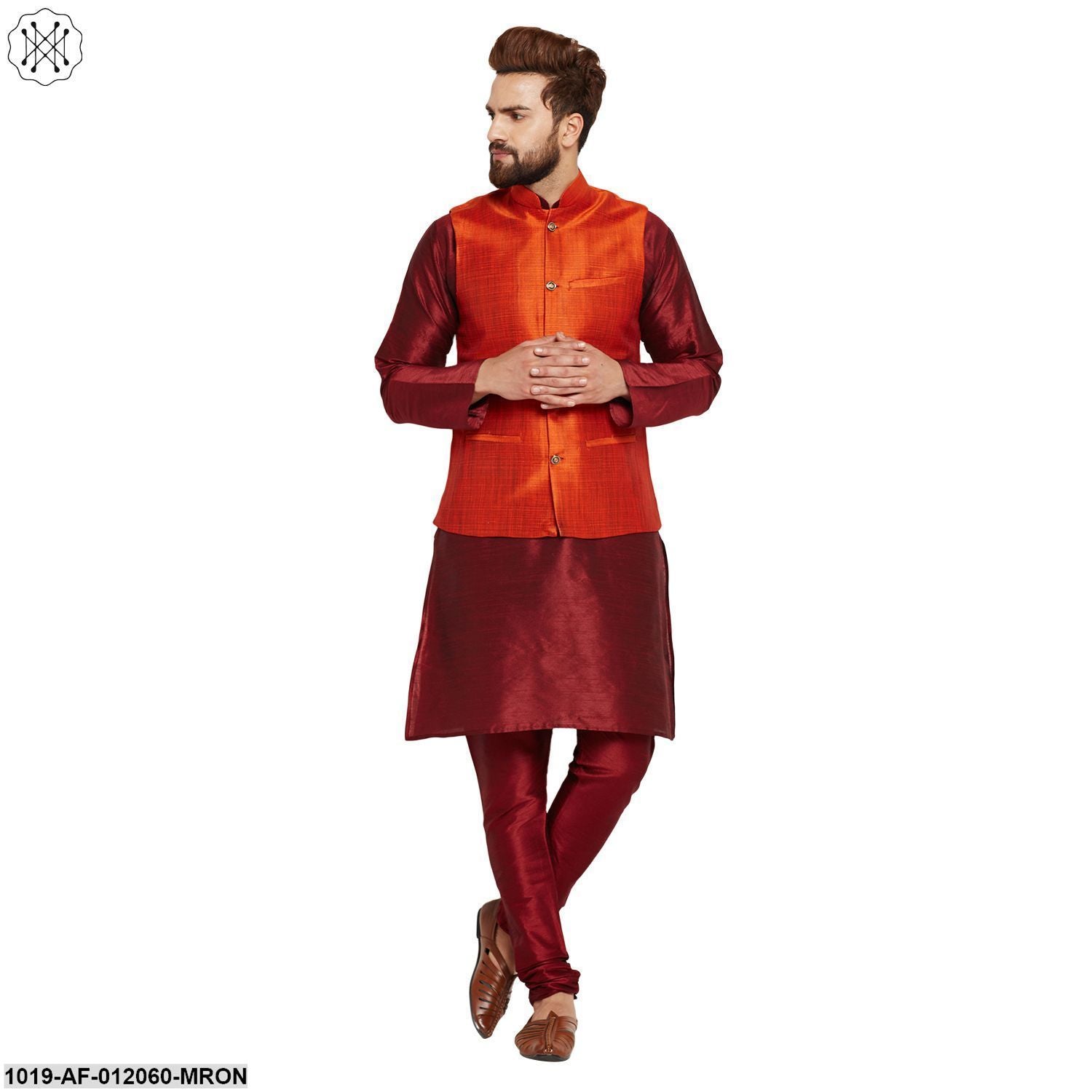 Men's Dupion Silk Kurta Pyjama And Nehru Jacket Set
