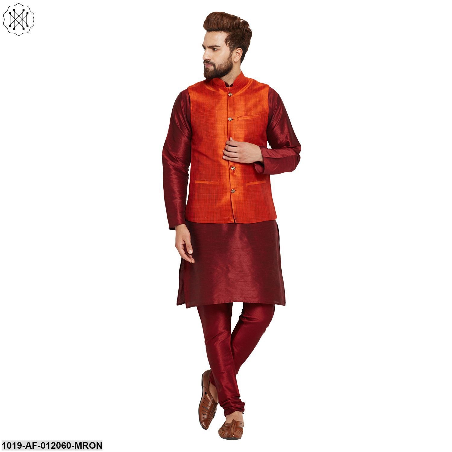 Men's Dupion Silk Kurta Pyjama And Nehru Jacket Set