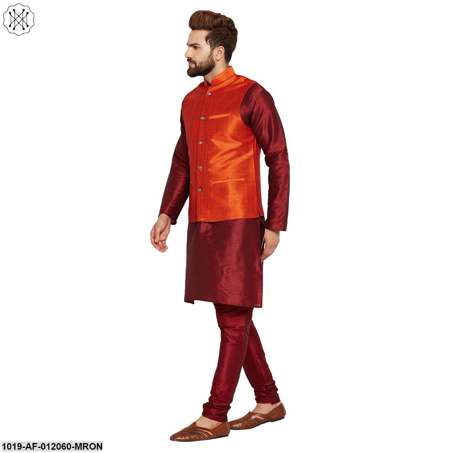 Men's Dupion Silk Kurta Pyjama And Nehru Jacket Set