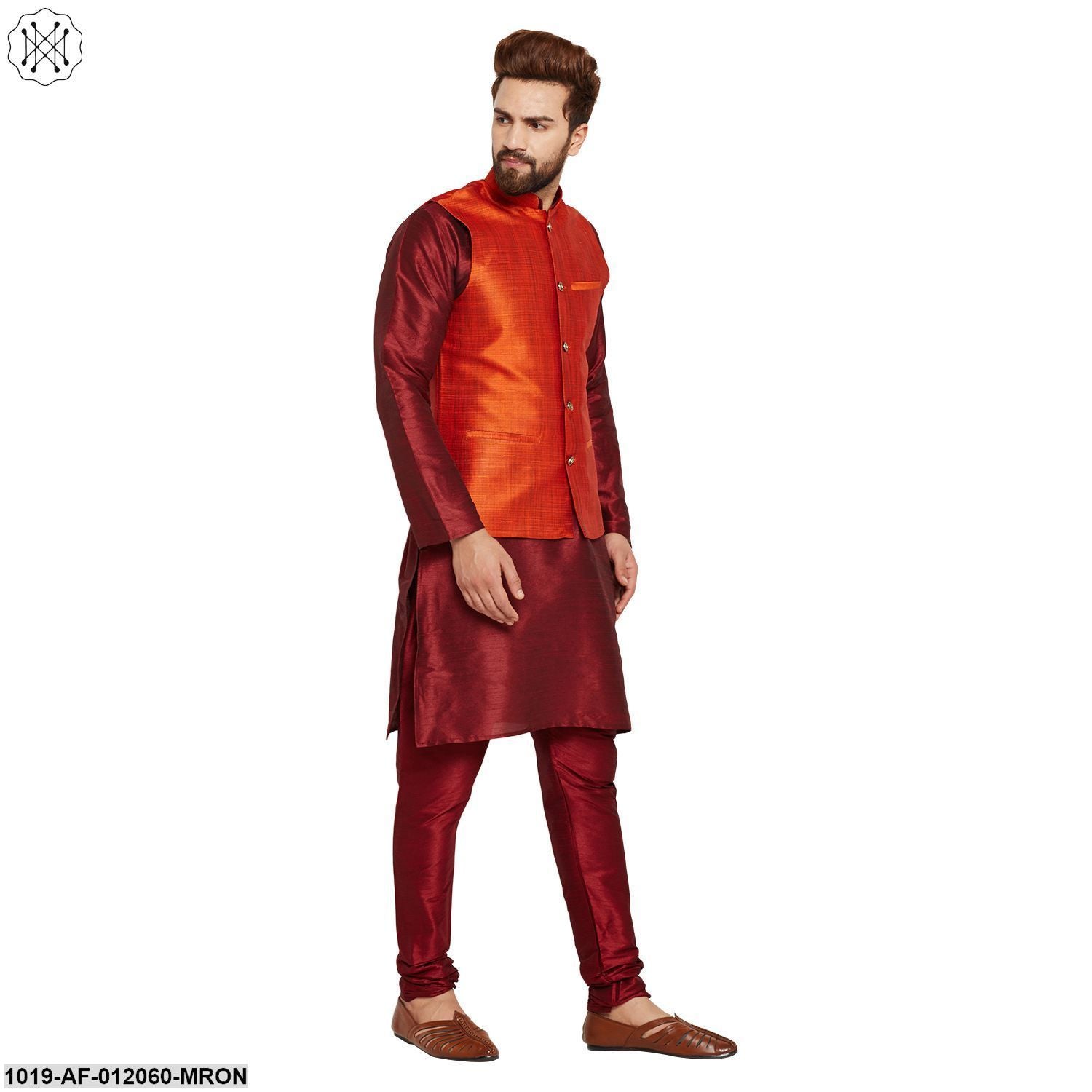 Men's Dupion Silk Kurta Pyjama And Nehru Jacket Set