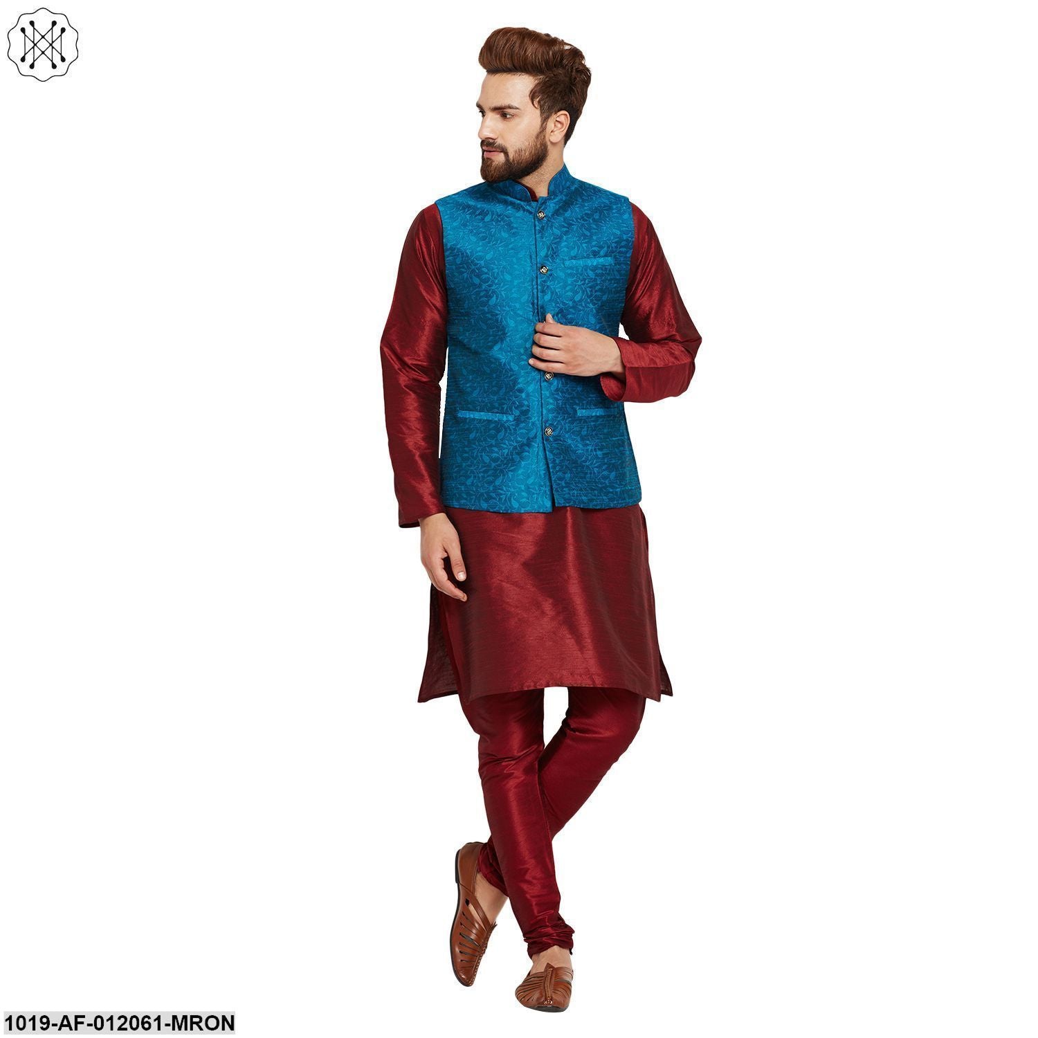 Men's Dupion Silk Kurta Pyjama And Jacquard Silk Nehru Jacket Set