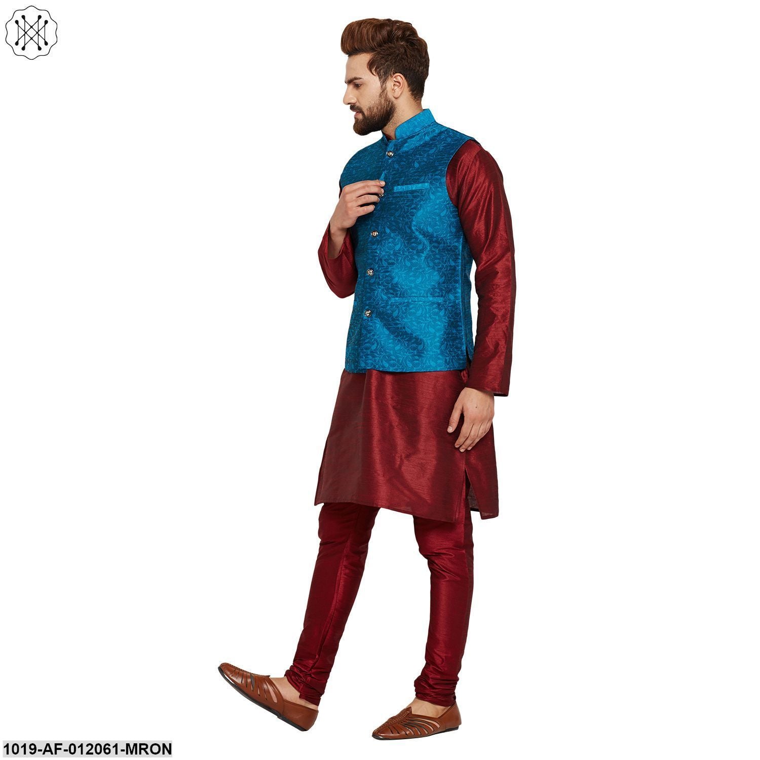 Men's Dupion Silk Kurta Pyjama And Jacquard Silk Nehru Jacket Set