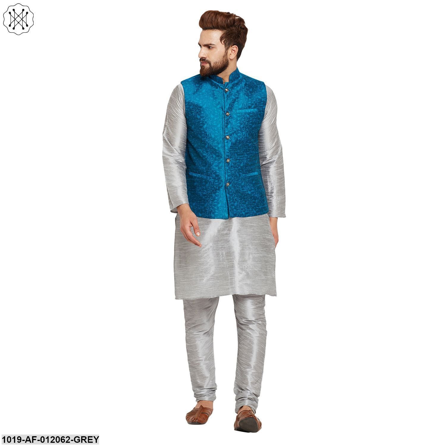 Men's Dupion Silk Kurta Pyjama And Jacquard Silk Nehru Jacket Set