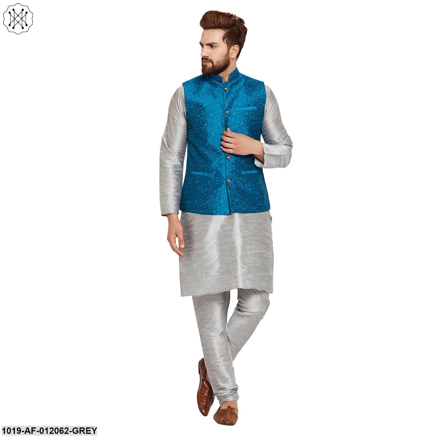 Men's Dupion Silk Kurta Pyjama And Jacquard Silk Nehru Jacket Set