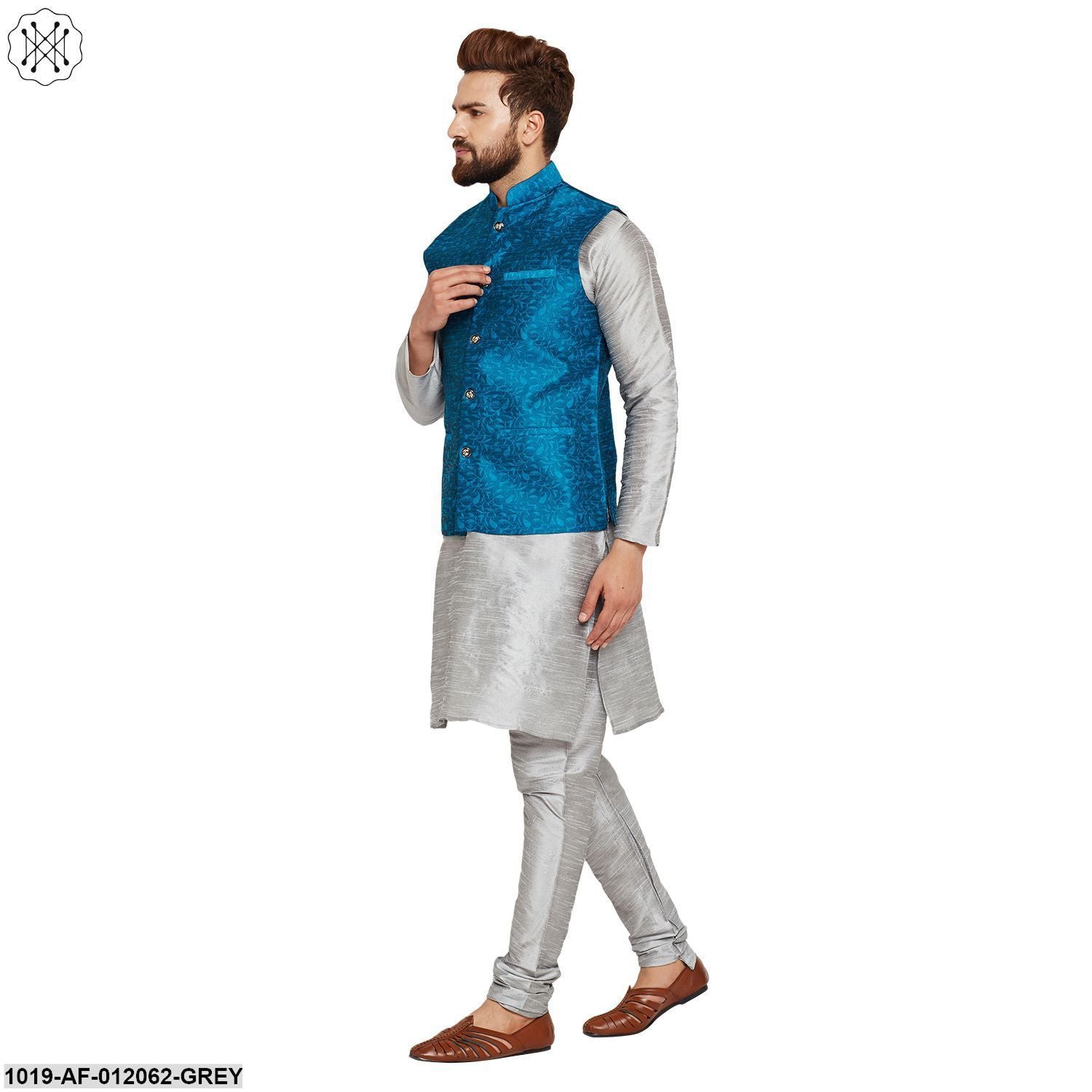 Men's Dupion Silk Kurta Pyjama And Jacquard Silk Nehru Jacket Set