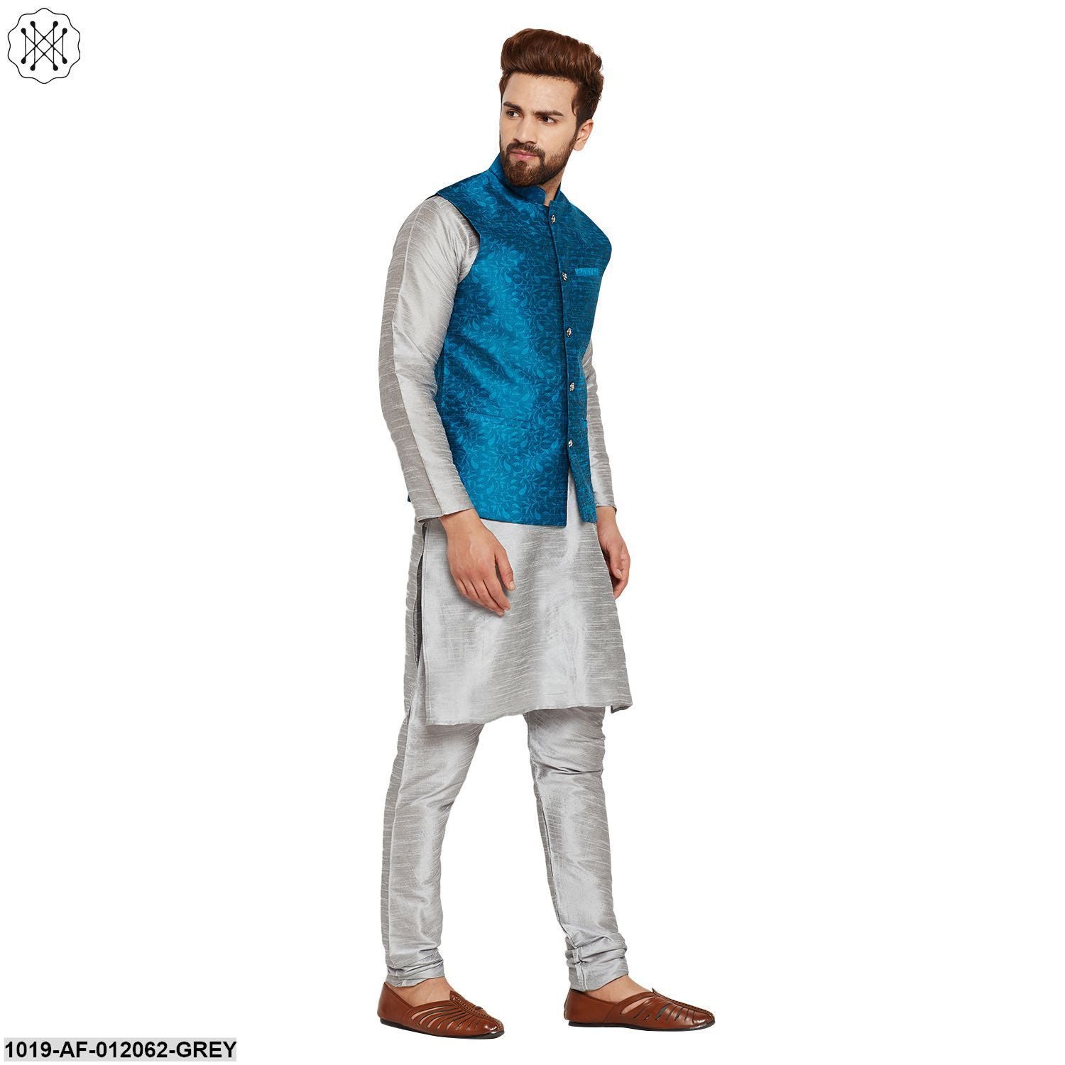 Men's Dupion Silk Kurta Pyjama And Jacquard Silk Nehru Jacket Set