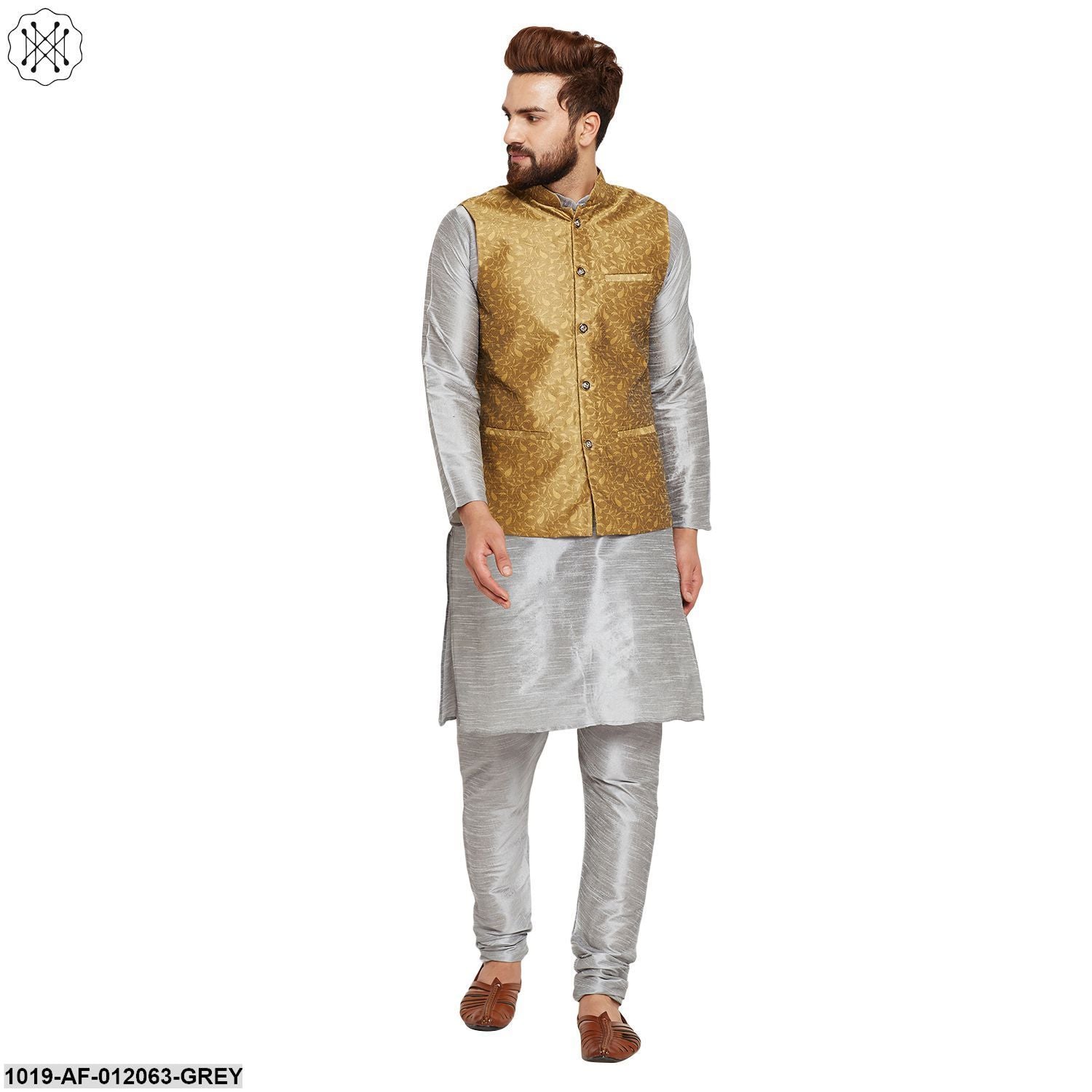 Men's Dupion Silk Kurta Pyjama And Jacquard Silk Nehru Jacket Set