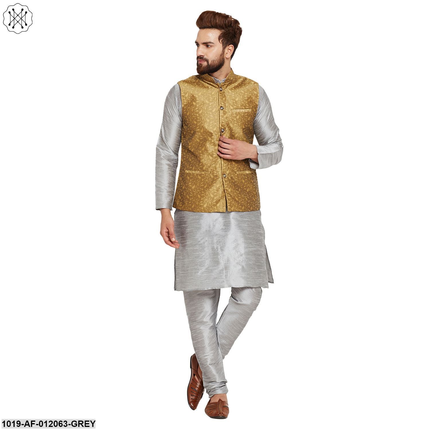Men's Dupion Silk Kurta Pyjama And Jacquard Silk Nehru Jacket Set