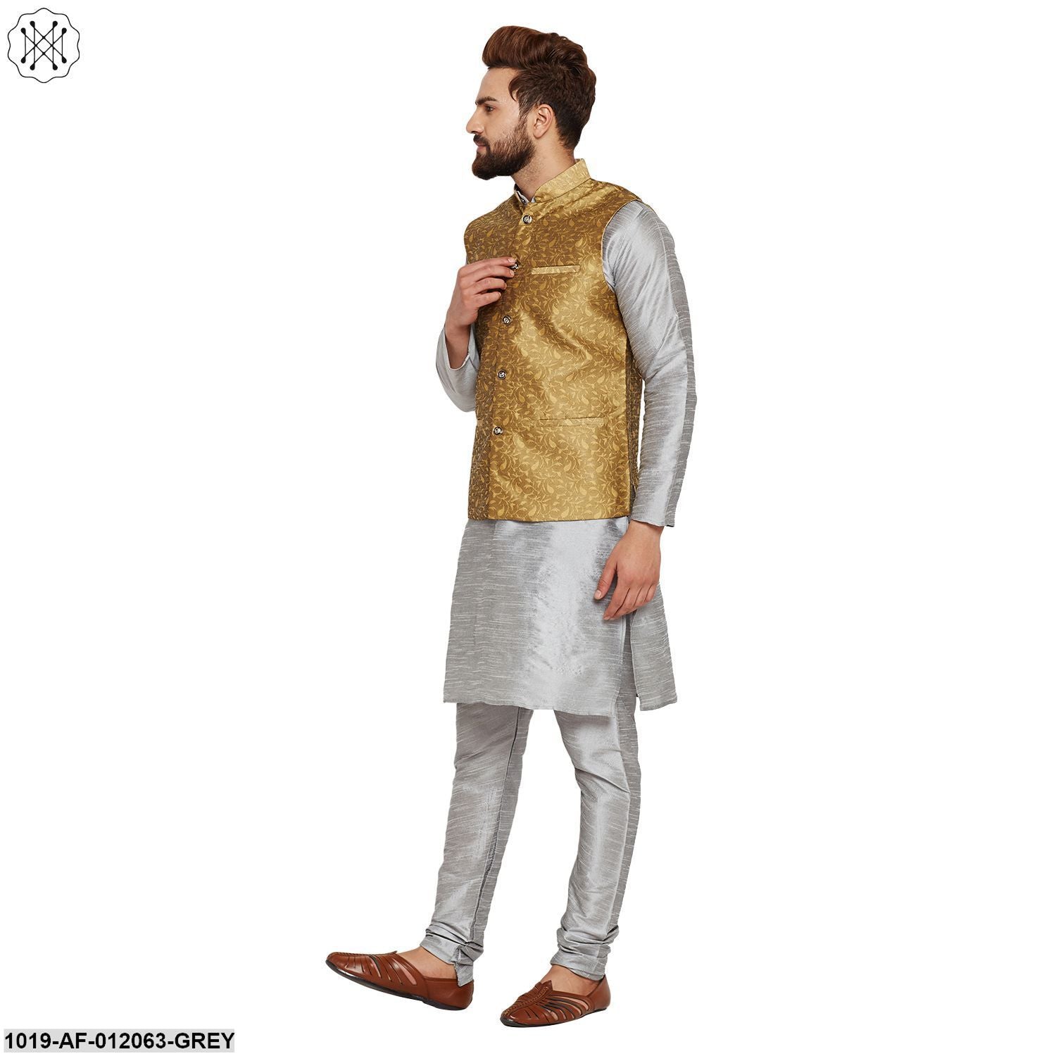 Men's Dupion Silk Kurta Pyjama And Jacquard Silk Nehru Jacket Set