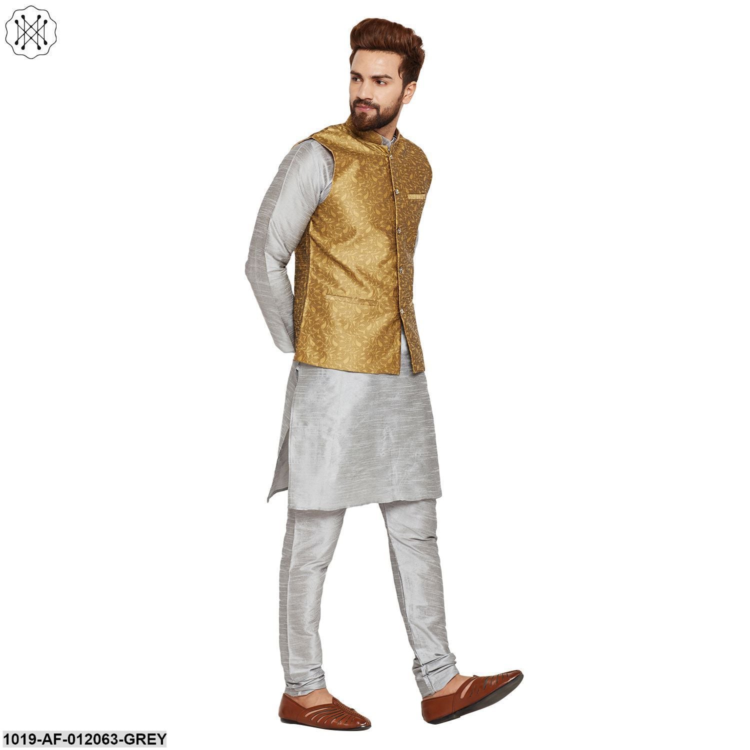 Men's Dupion Silk Kurta Pyjama And Jacquard Silk Nehru Jacket Set