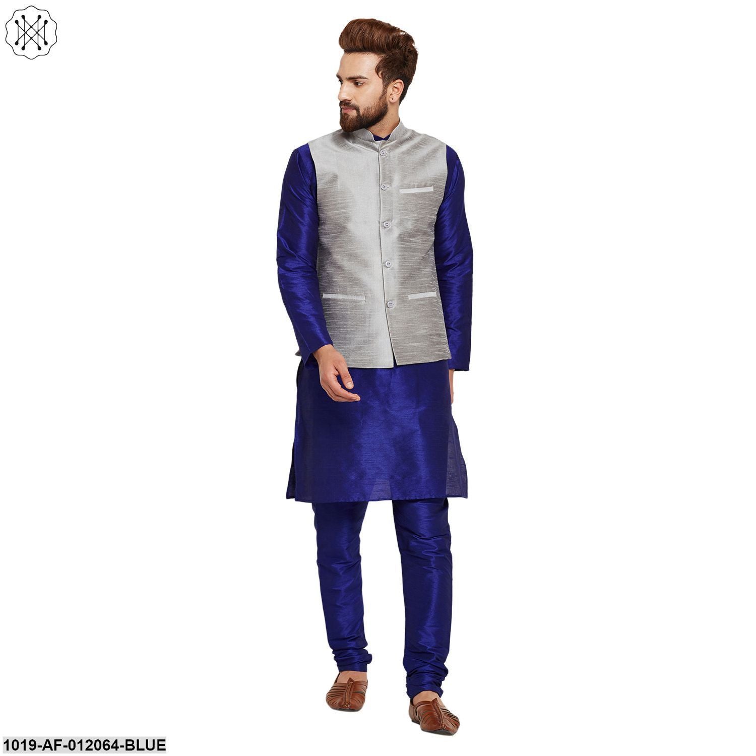 Men's Dupion Silk Kurta Pyjama And Nehru Jacket Set