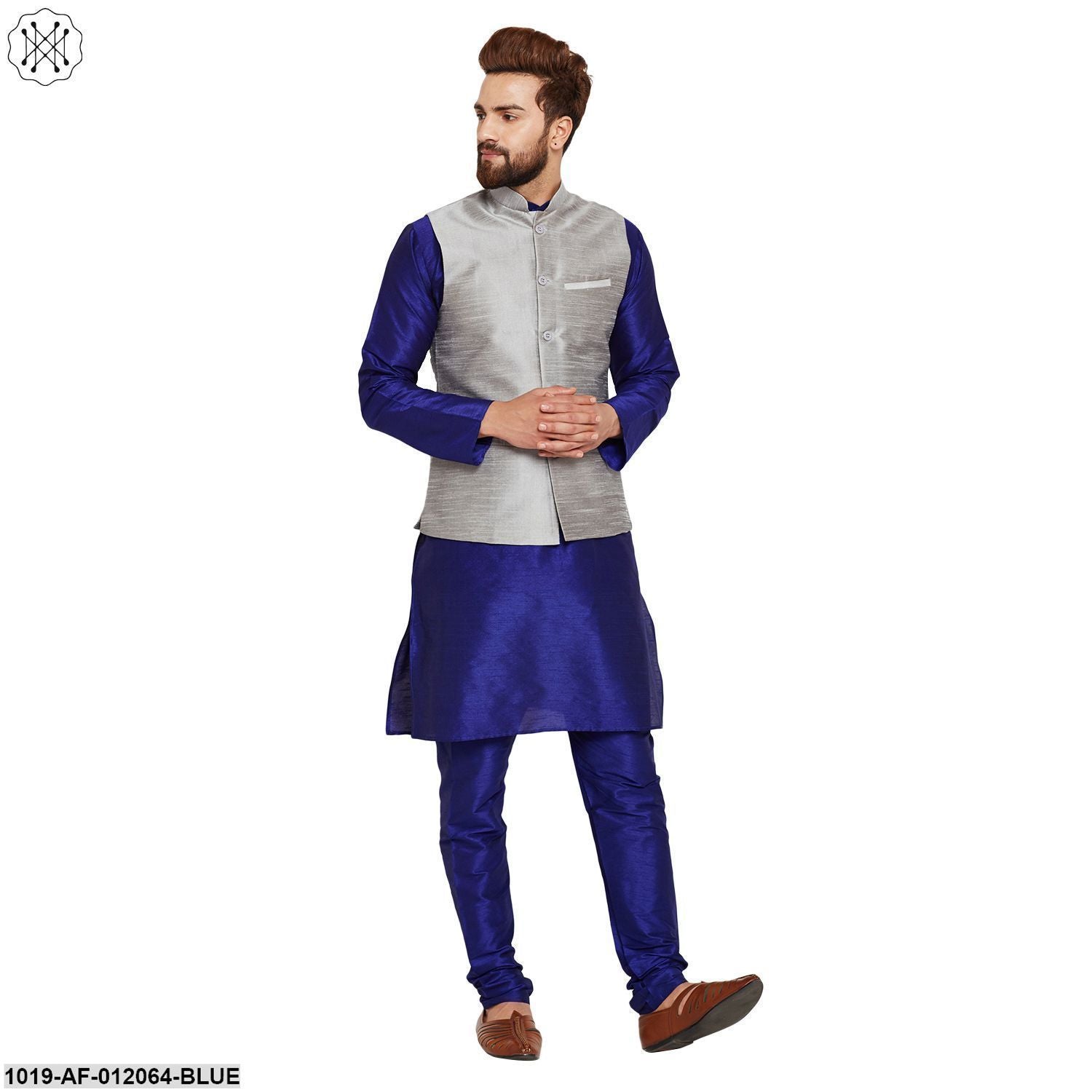 Men's Dupion Silk Kurta Pyjama And Nehru Jacket Set
