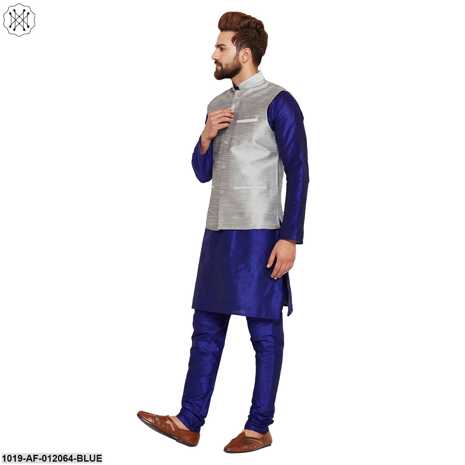 Men's Dupion Silk Kurta Pyjama And Nehru Jacket Set