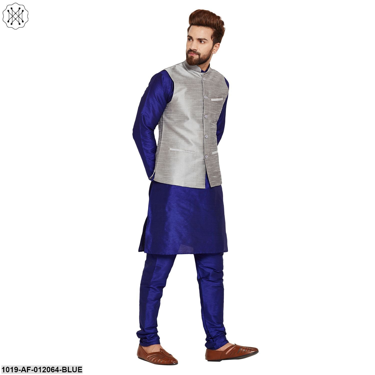 Men's Dupion Silk Kurta Pyjama And Nehru Jacket Set