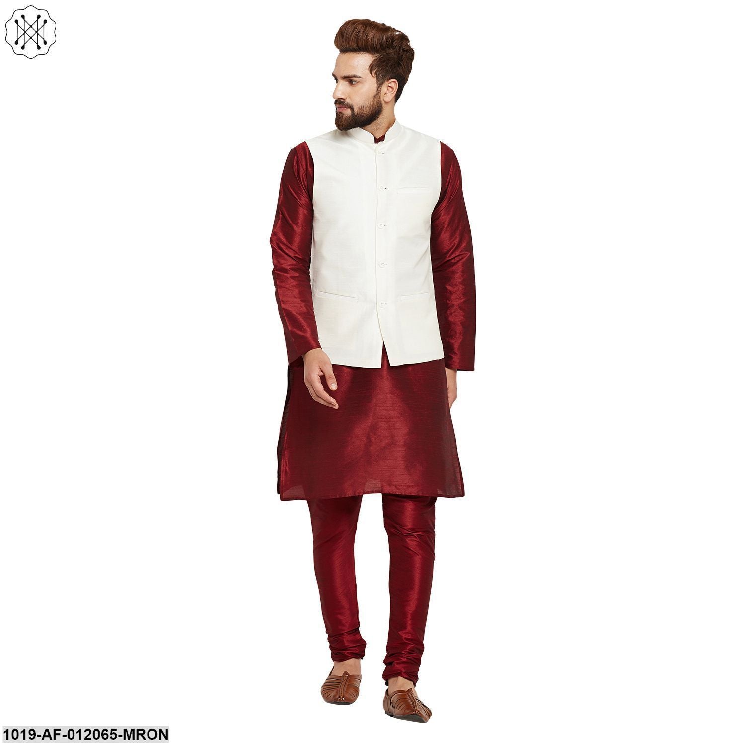 Men's Dupion Silk Kurta Pyjama And Nehru Jacket Set