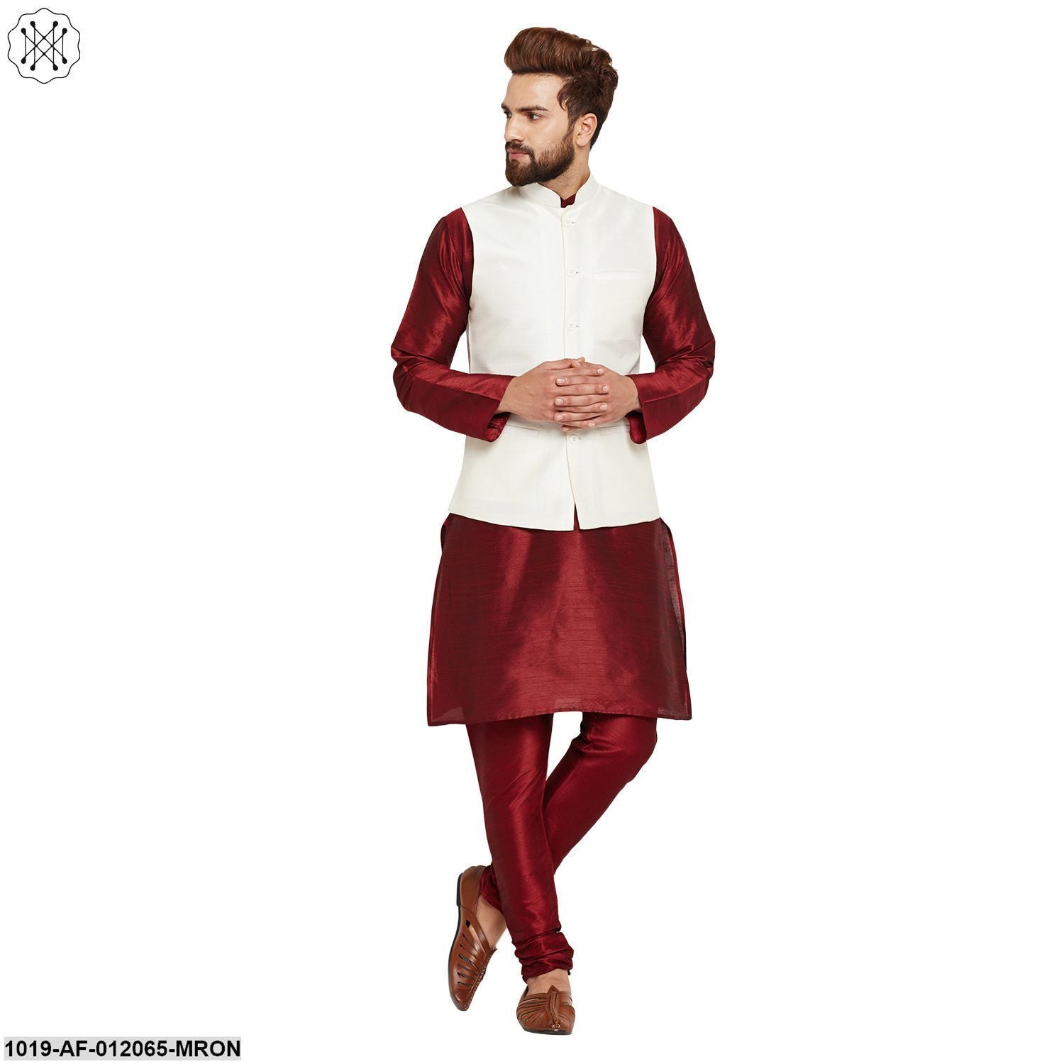 Men's Dupion Silk Kurta Pyjama And Nehru Jacket Set